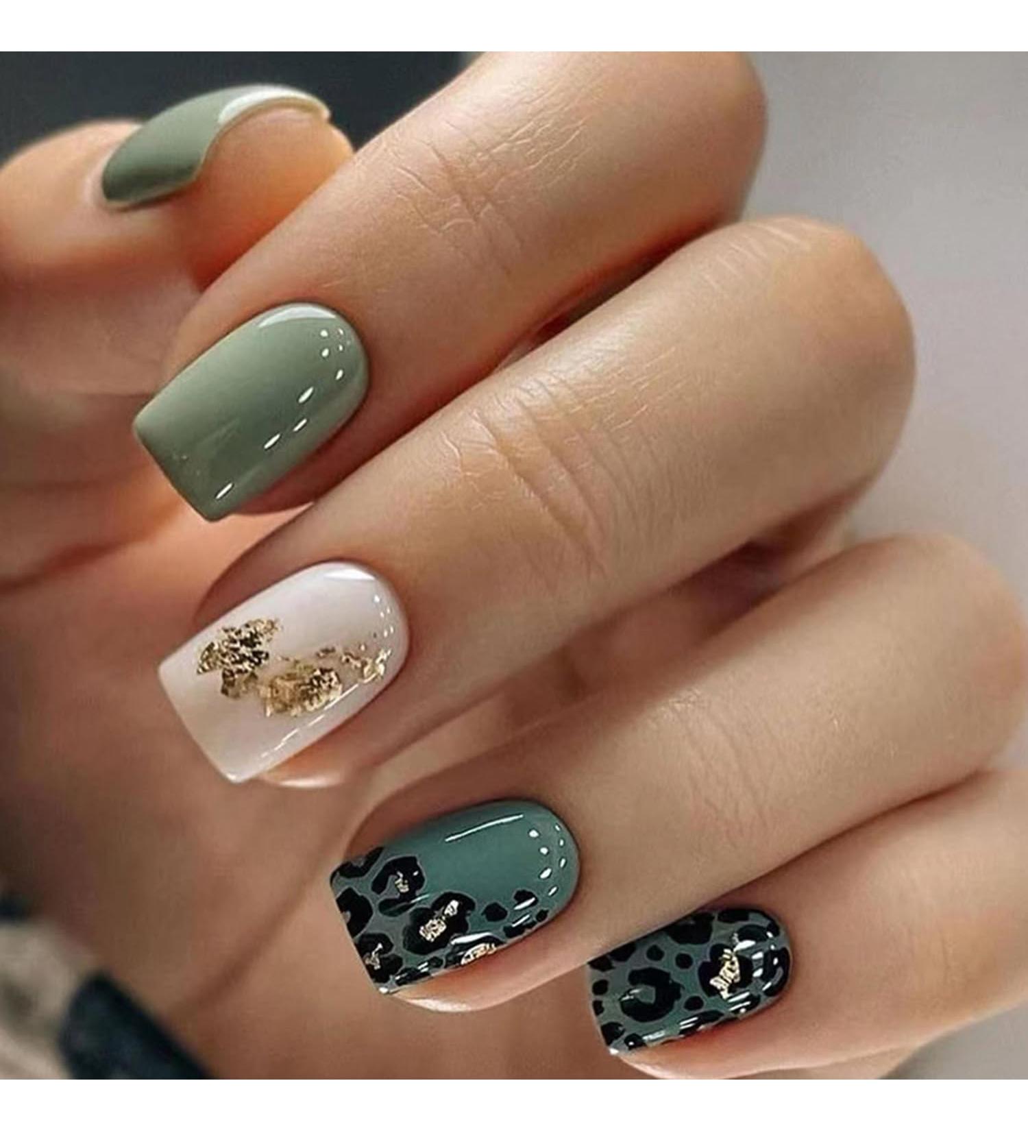 Buy Green Leopard Print Short Press on Nails - 24PCS Acrylic Full Cover with Gold Foil Designs | International Shipping - Buy Online on GoSupps.com