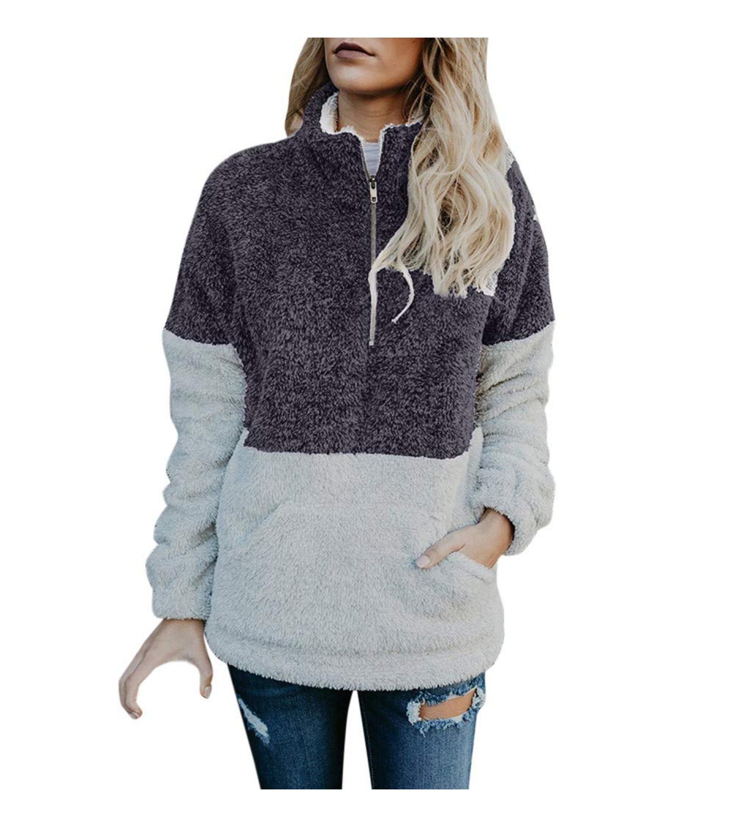 Bigfanshu Womens Tops Winter Warm Long Sleeve Stitching Leopard Plush Blouse Coat Sweater Gray - Buy Online on GoSupps.com