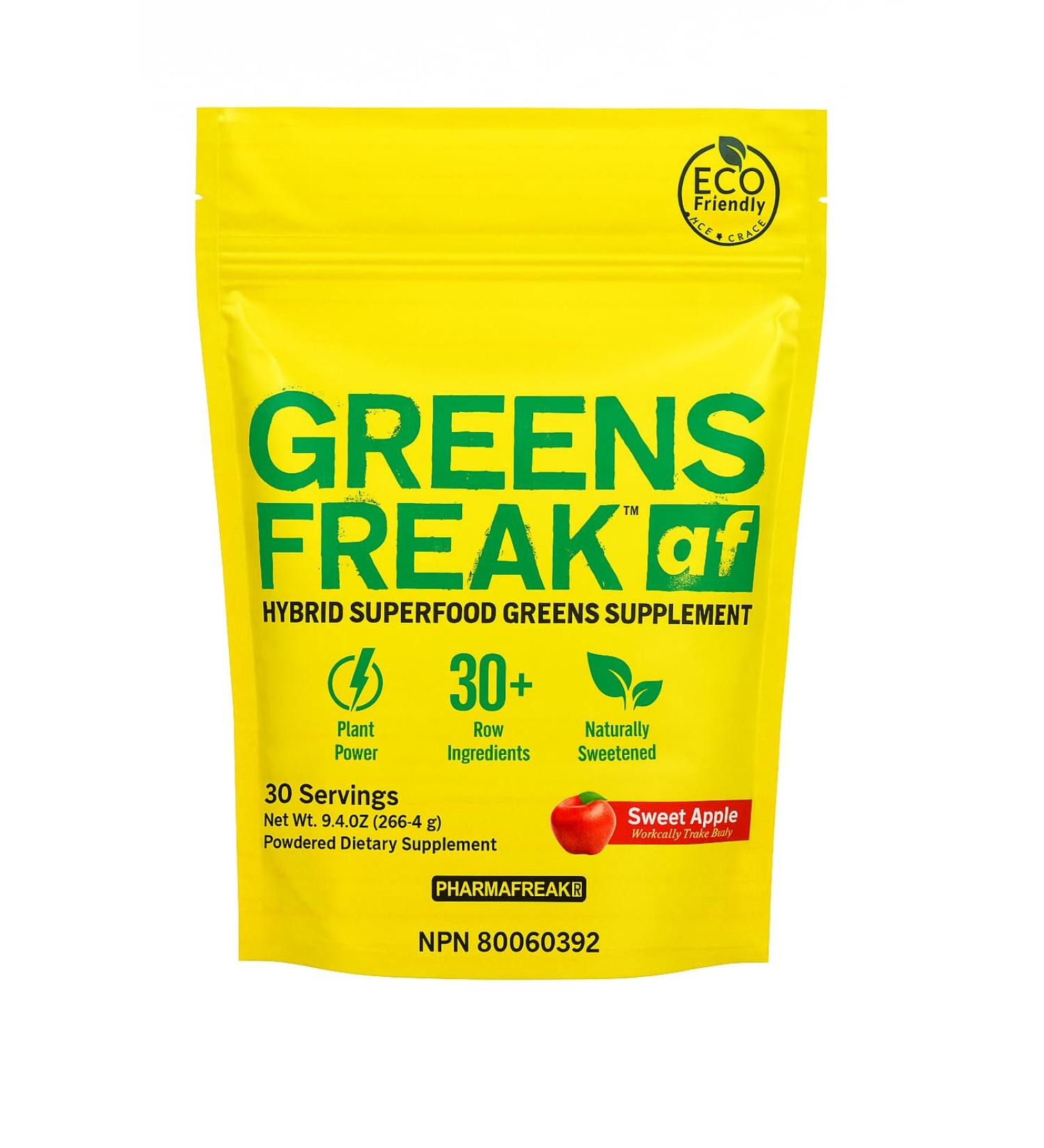 Pharmafreak Greens Freak Superfood Greens Powder 30+ Organic Greens Spirulina & Chlorella for Gut Health Digestion Immunity & Daily Energy Caffeine-Free Vegan 30 Servings Sweet Apple - Buy Online on GoSupps.com