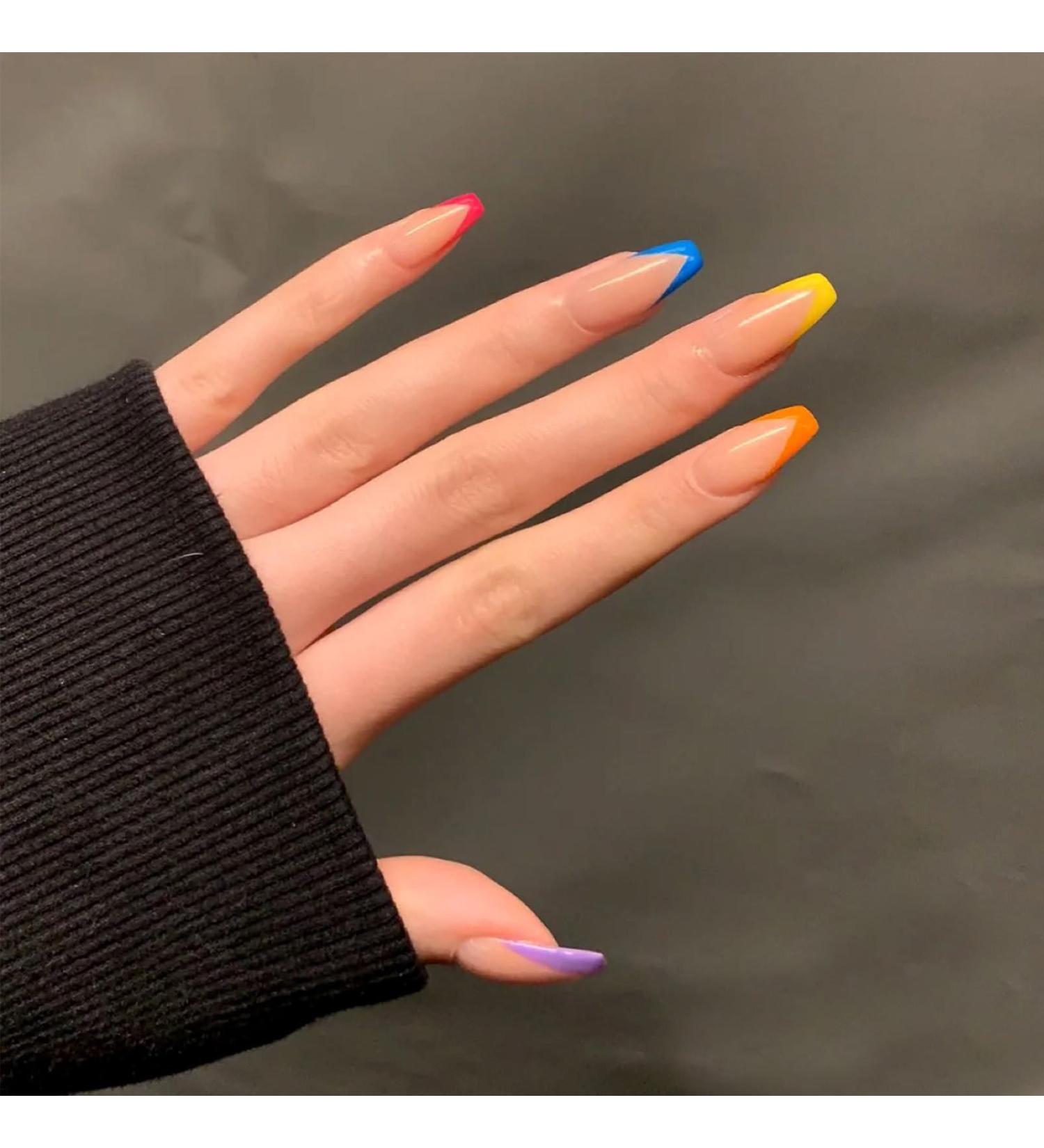 24pcs French Almond Press on False Nails with Glue - Multicolor French Style for Women and Girls Nail Art - Buy Online on GoSupps.com