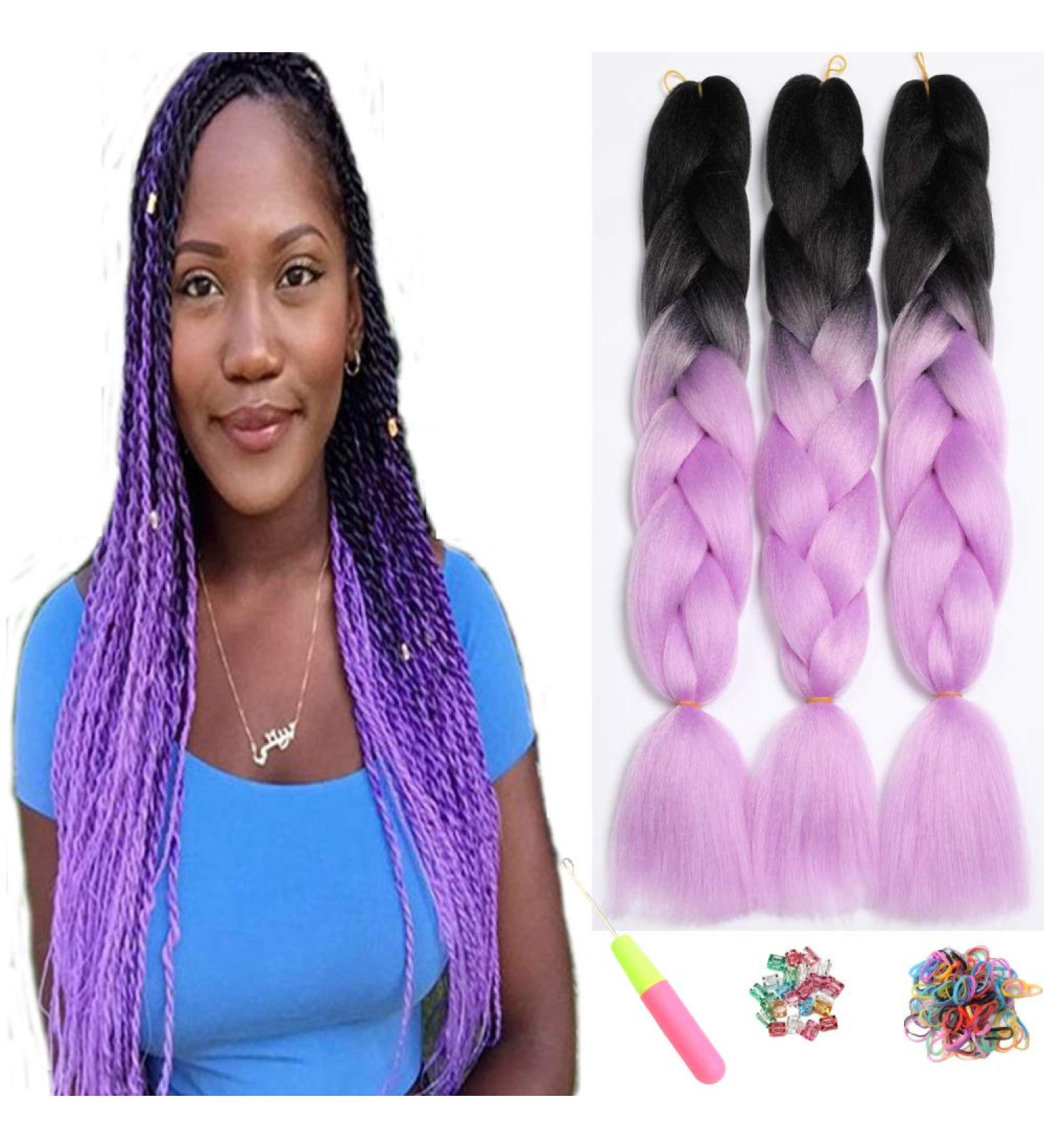 Shop Showjarlly Kanecalon Hair Extensions - Ombre Jumbo Braids 24-Inch Black/Light Purple (3 Pack) - International Shipping Available - Buy Online on GoSupps.com