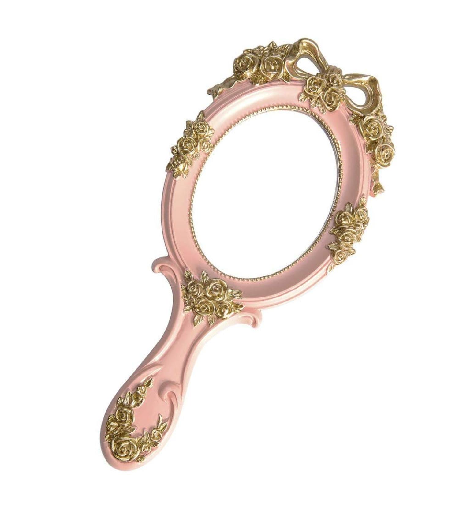 Vintage Handheld Makeup Mirror with Crafted Rose Design - Pink Princess Beauty Vanity Mirror - Buy Online on GoSupps.com