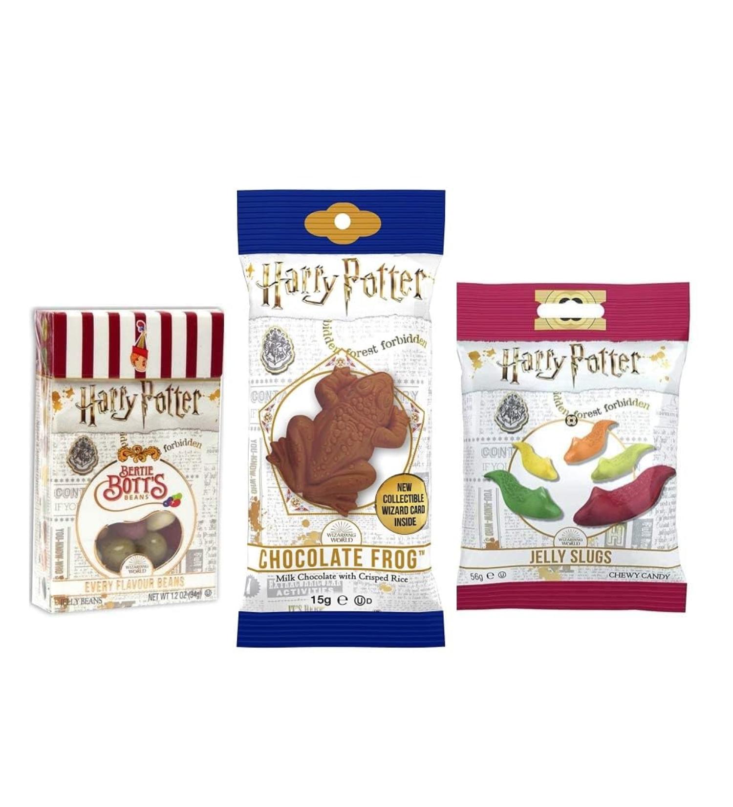 Jelly Belly Harry Potter chocolate frog with a collective card Bertie Bott's beans in all flavors and jelly slugs jelly snails