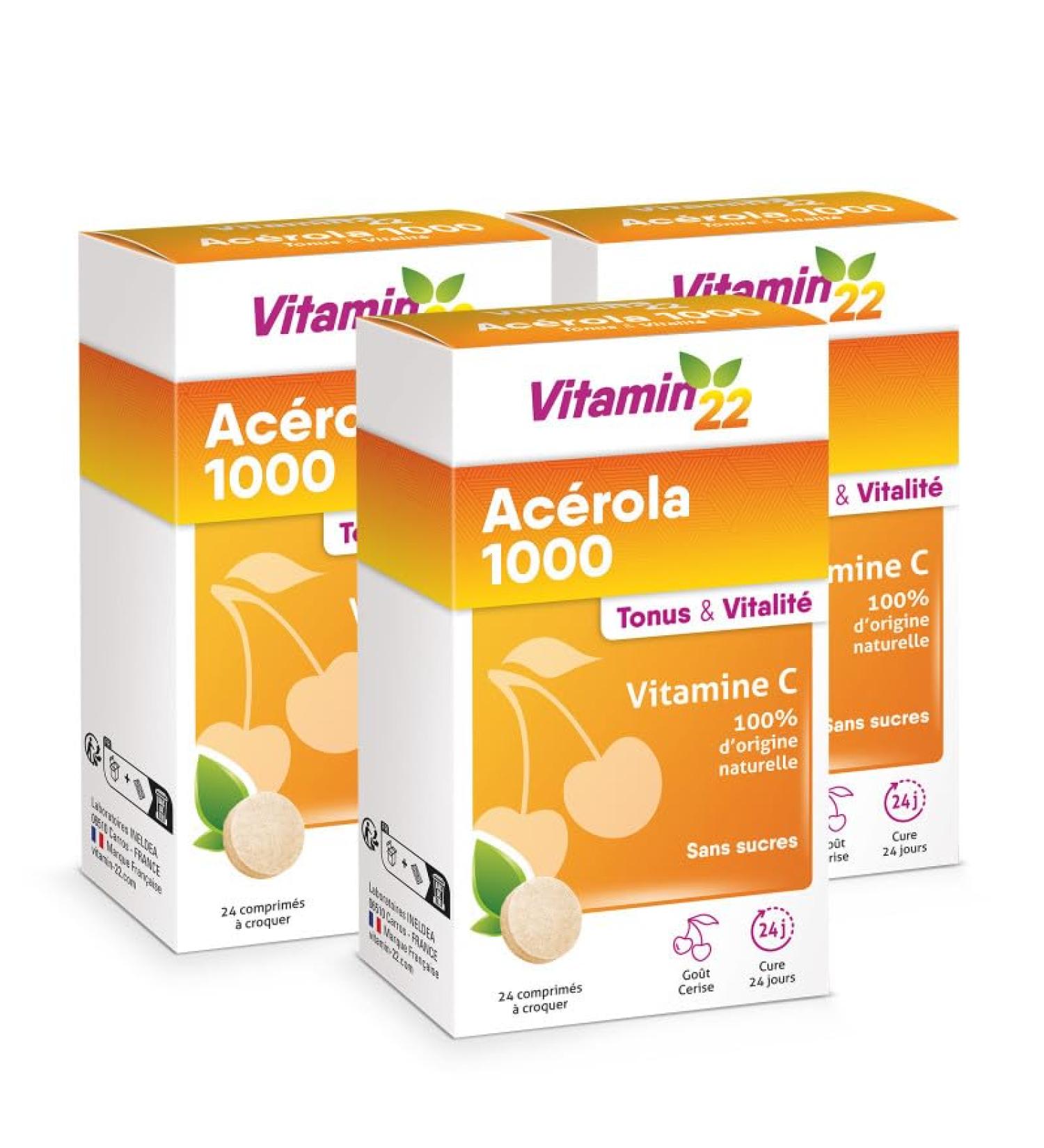 VITAMIN'22 - Acerola 1000 - Compl ment alimentaire base d'Ac rola- Vitamine C 100% d'origine naturelle - Sans sucre - Sans gluten - Go t Cerise - Cure de 24 j - Lot de 3 produits Lot de 3 - 72 comprim s - Buy Online on GoSupps.com