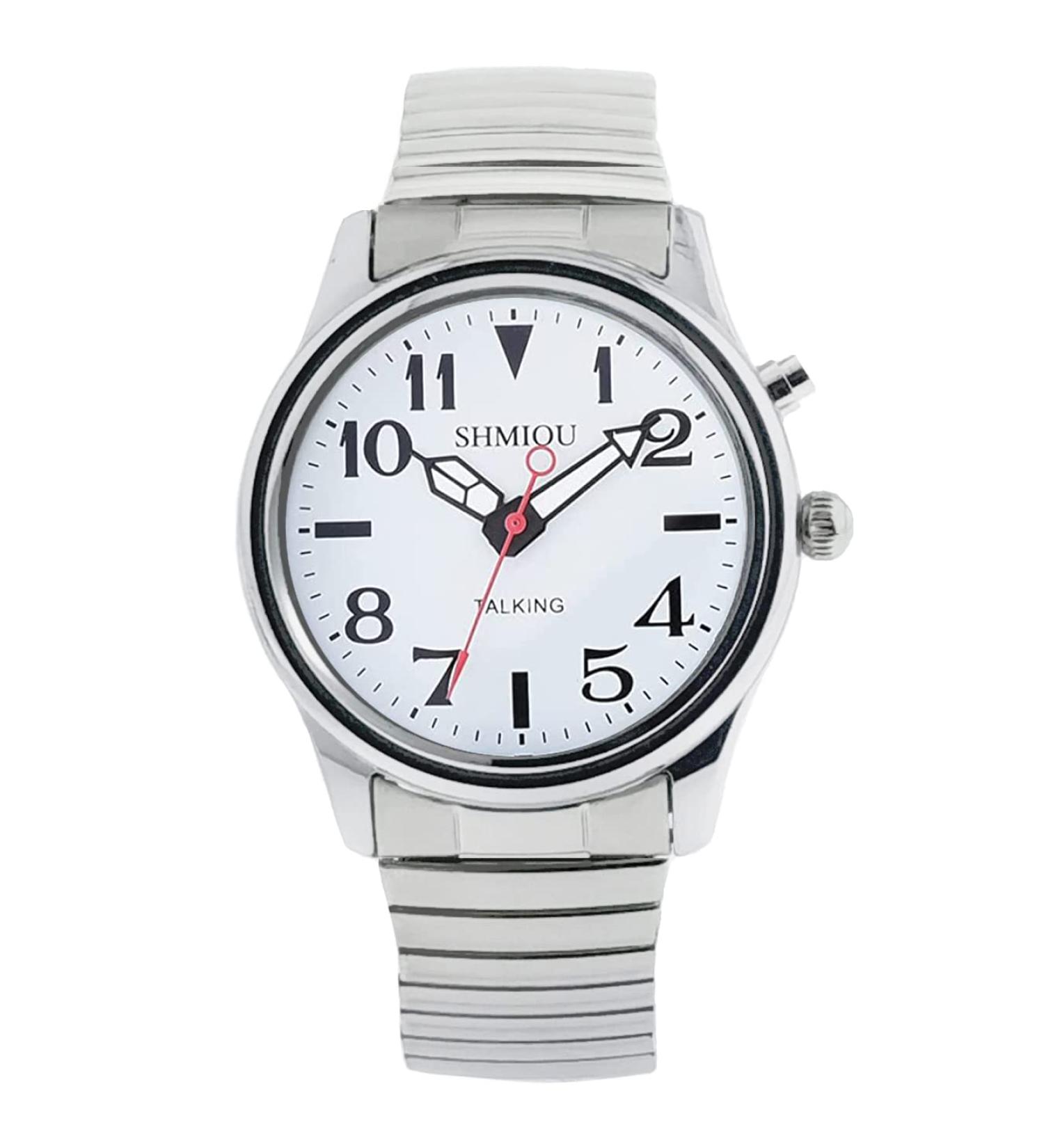 SHMIOU English Talking Watch for Seniors | Silver Retractable Band | Quartz Analog Voice with Alarm | Unisex - Buy Online on GoSupps.com