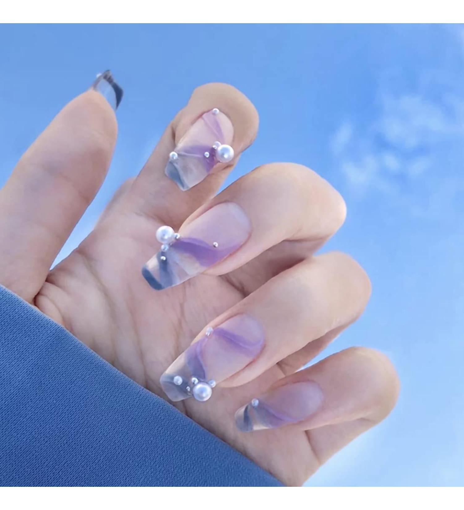 Shop Pearl False Nails - 24 Pcs Purple Press On Medium Coffin Nails for Women & Girls | Perfect for Parties & Salons - Buy Online on GoSupps.com