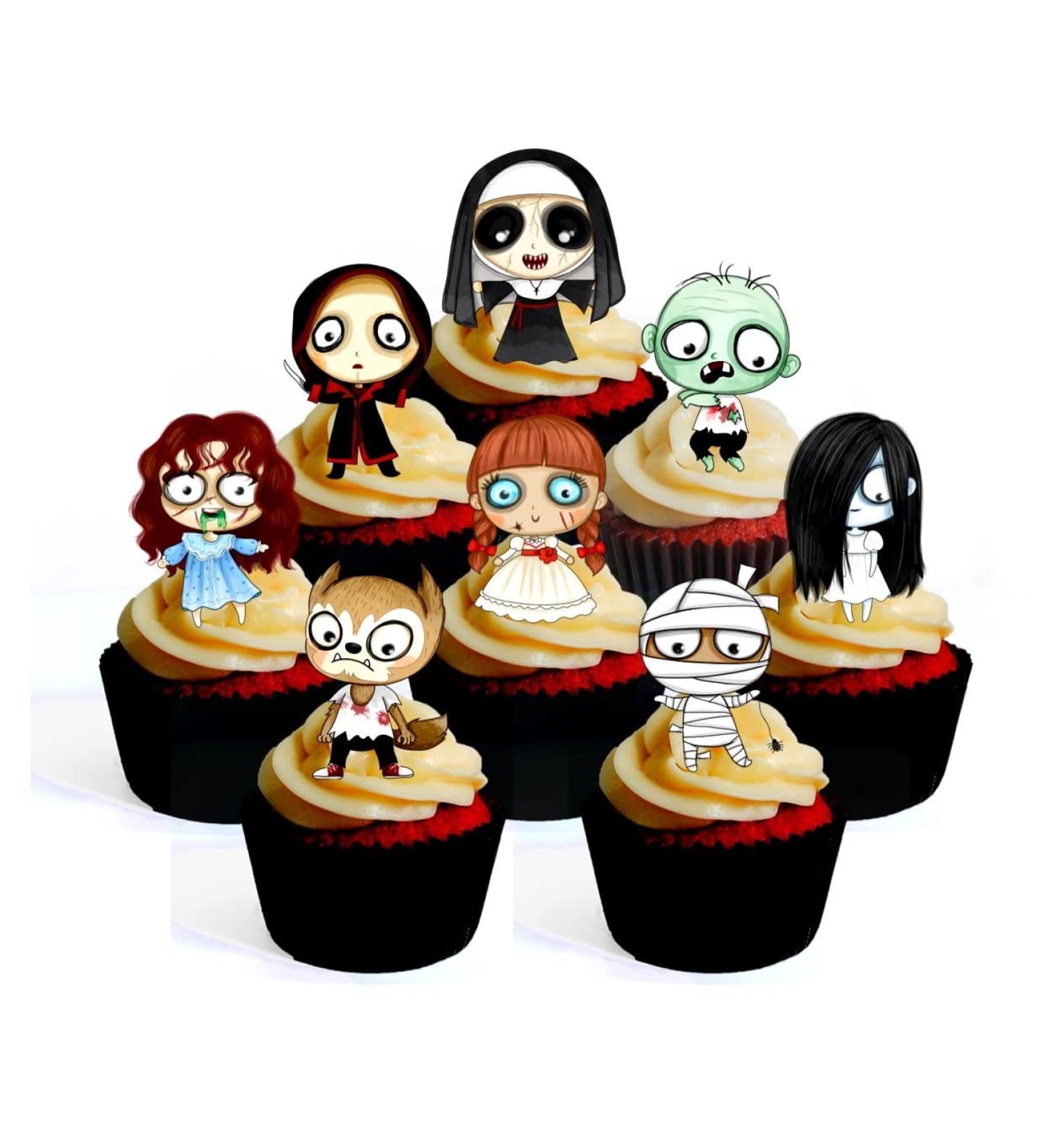 24 Halloween Horror Cupcake Toppers Theme #3 (PRECUT Optional) Edible Cupcake Toppers - Stand Up/Lie Flat Wafer Cake Decorations (PRECUT Pack of 24) - Buy Online on GoSupps.com