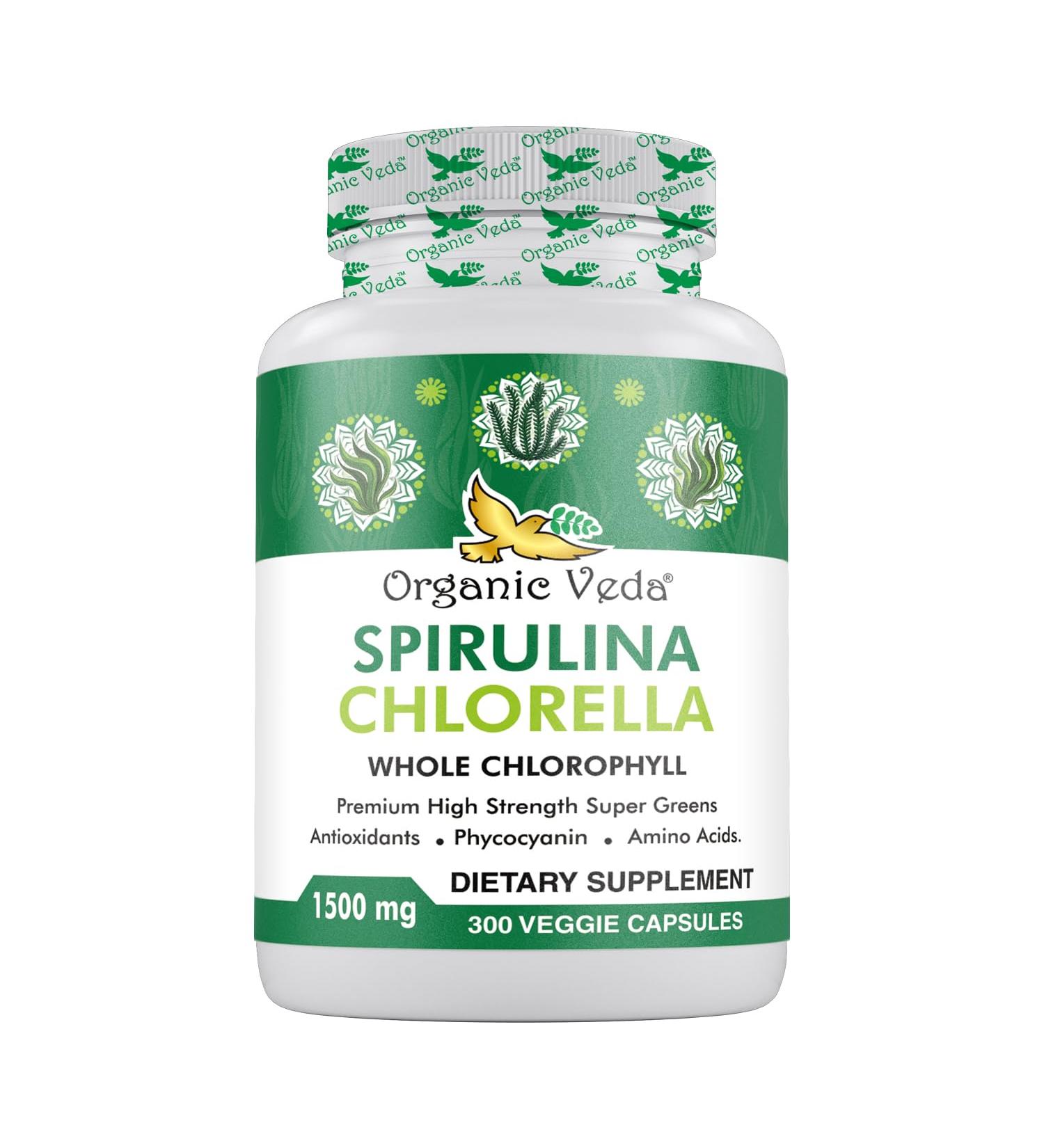 Organic Veda Spirulina & Chlorella Capsules 1500mg 300 Count - Spirulina Chlorella Capsules with Super Green Antioxidants Phycocyanin Amino Acid - Boost Immunity Energy Support Digestion - Buy Online on GoSupps.com
