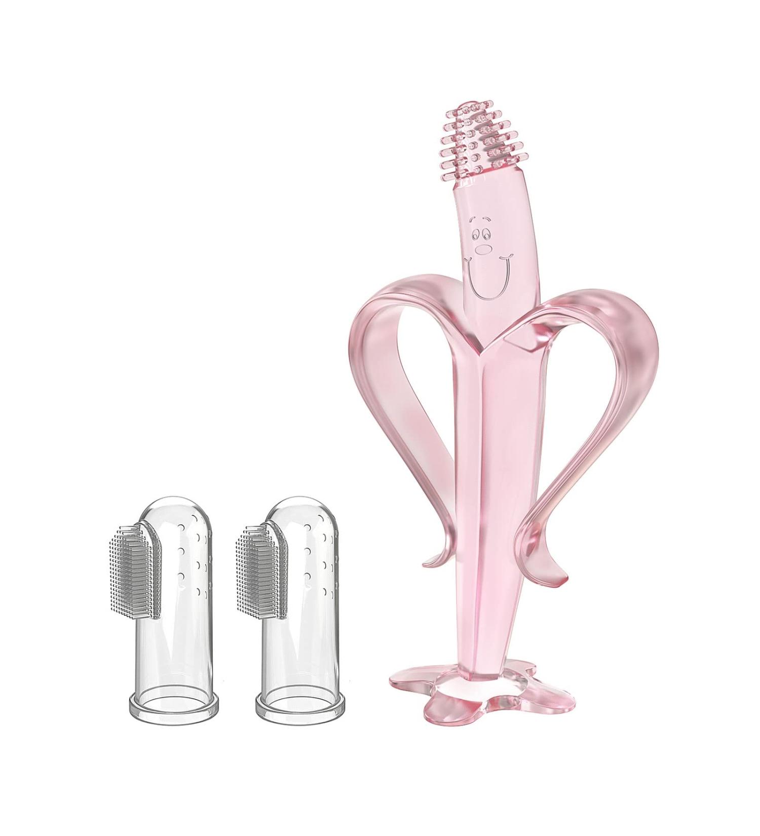 SILIVO Silicone Banana Teether for Babies - Training Finger Toothbrush with Storage Case - Pink - Buy Online on GoSupps.com