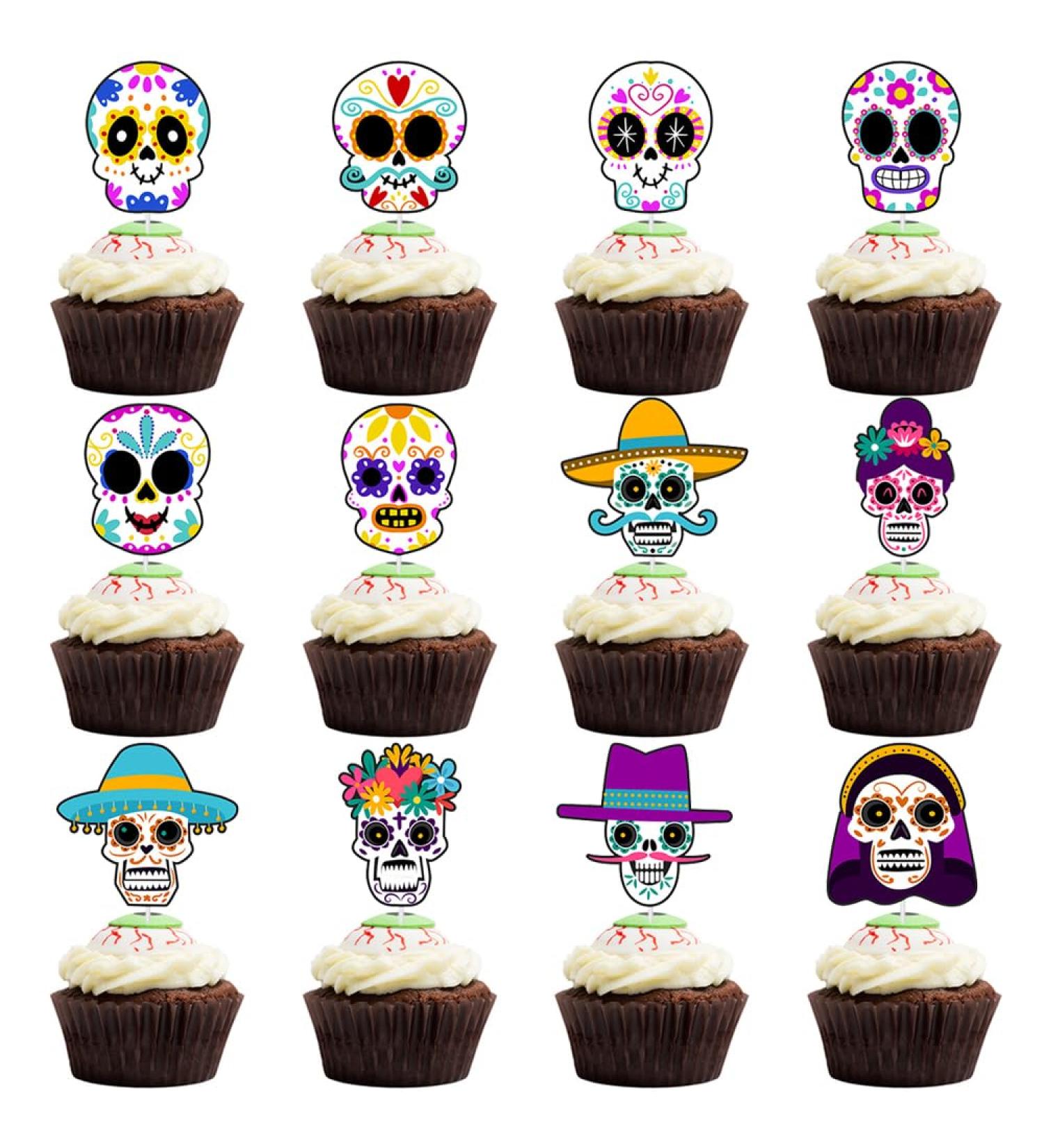 Sugar Skull Cupcake Topper Day of the Dead Cake Topper Mexican Fiesta Decoration(24 PCS) - Buy Online on GoSupps.com