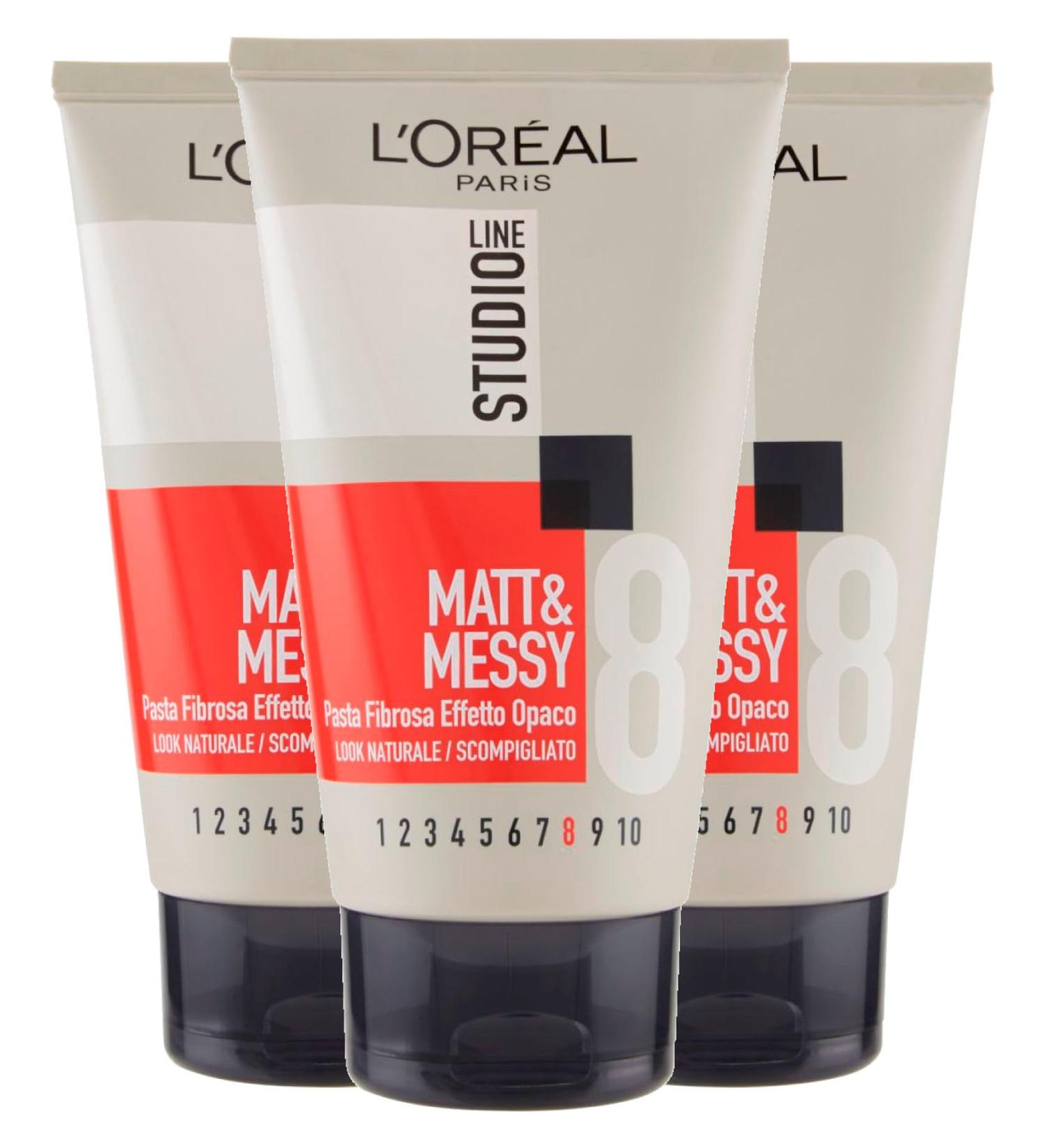 L'Oréal Paris Studio Line Matt&Messy Fibrous Paste Matte Effect Wild Look Hold 8 Ultra Strong - 3 Bottles of 150ml