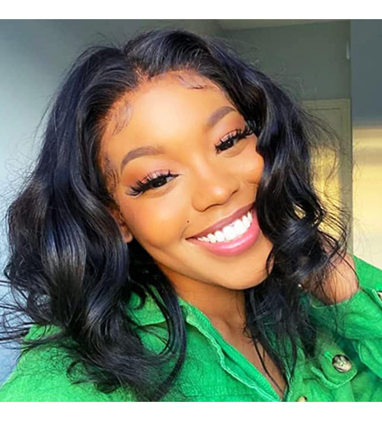 Lace Front Brazilian Virgin Human Hair Body Wave Bob Wig 12 for Black Women - Pre-Plucked, 150% Density, Natural Color - Buy Online on GoSupps.com