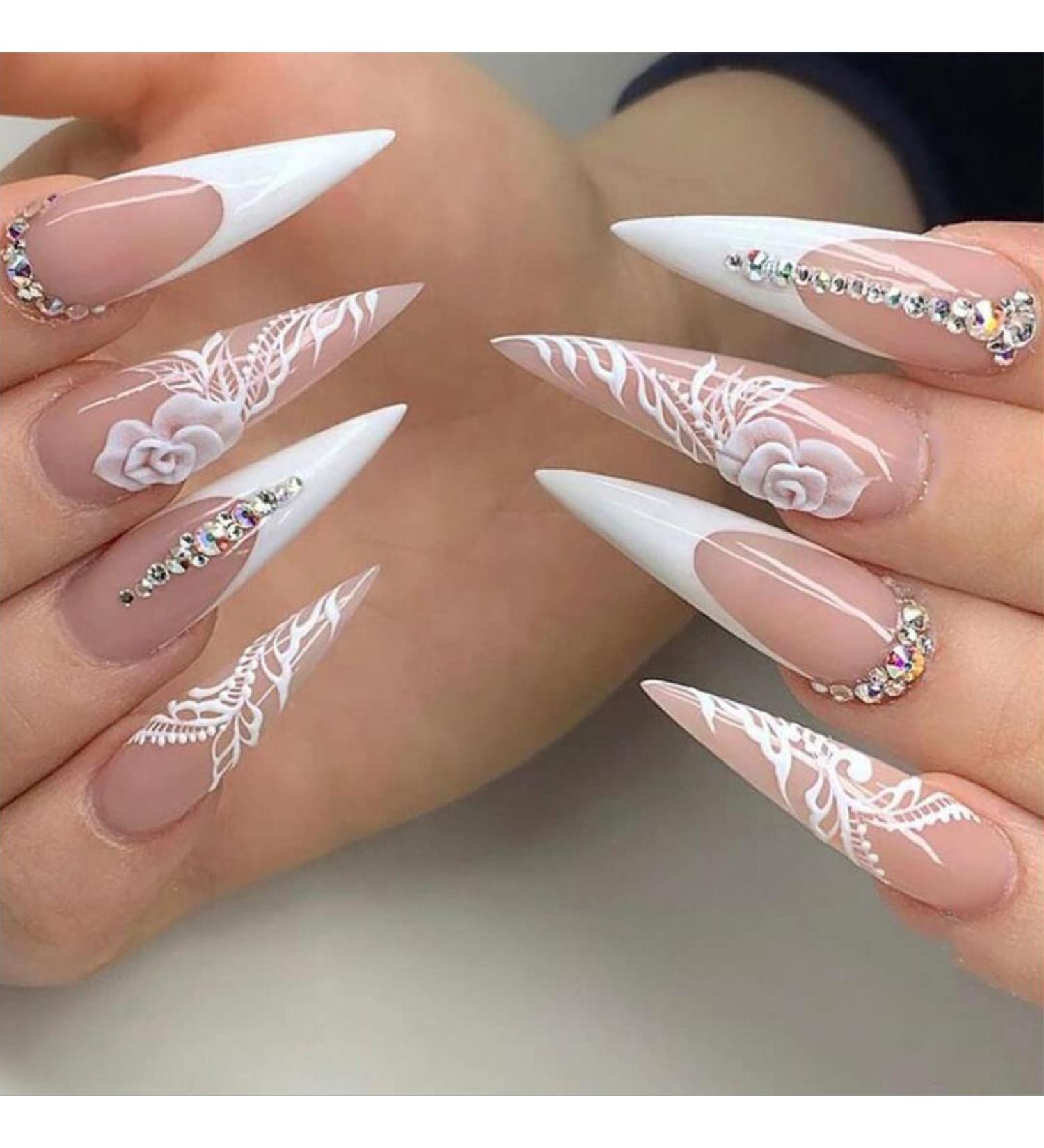 Sethexy Long Stiletto False Nails - Pink Flower Glossy Press-On Nail Tips (24 pcs) for Women & Girls - Acrylic French Nail Art - Buy Online on GoSupps.com