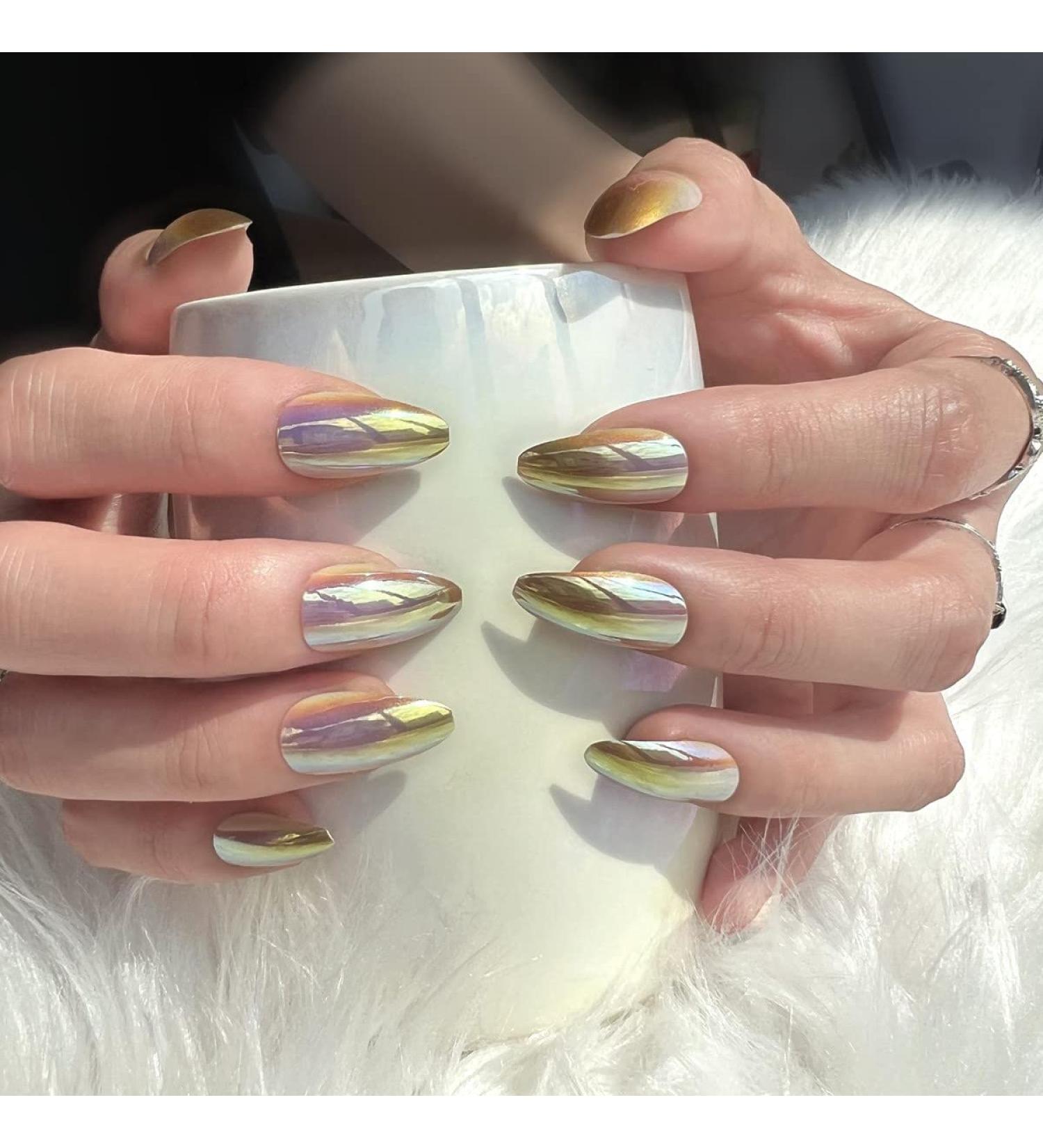 JUSTOTRY 24 Pcs Chrome Almond Short False Nails Pattern Glossy Gold French Press on Nails Pretty Fake Nails Short with Nail Glue Holographic Stiletto Medium Stick on Nails for Women gold&chrome1