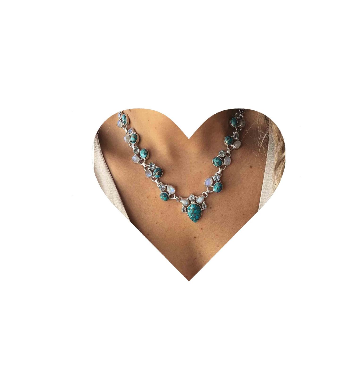 Boho Turquoise Moonstone Teardrop Necklace - Silver Opal Vintage Statement Jewelry - Buy Online on GoSupps.com