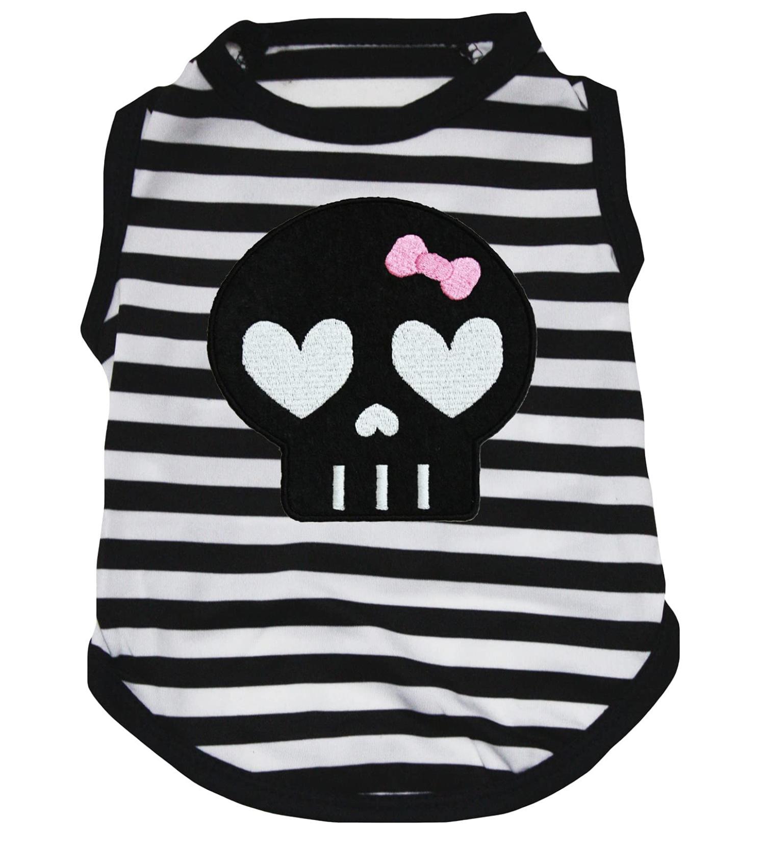 Petitebella Black Skull Face Puppy Dog Shirt (Stripes, Large) Stripes Large