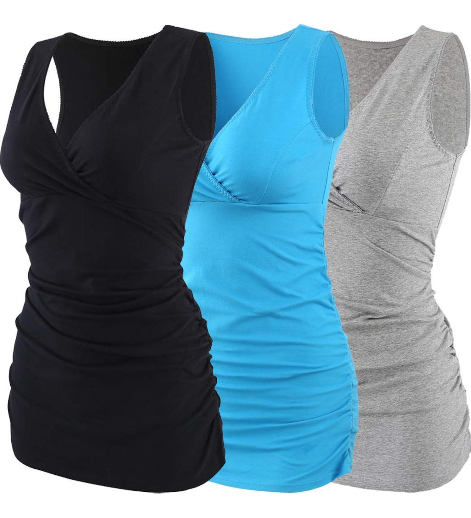 ZUMIY Maternity Nursing Top Women's Cotton V Neck Ruched Waist Double Layered Tank - S, Black/Grey/Lake Blue, 3-Pack - Buy Online on GoSupps.com