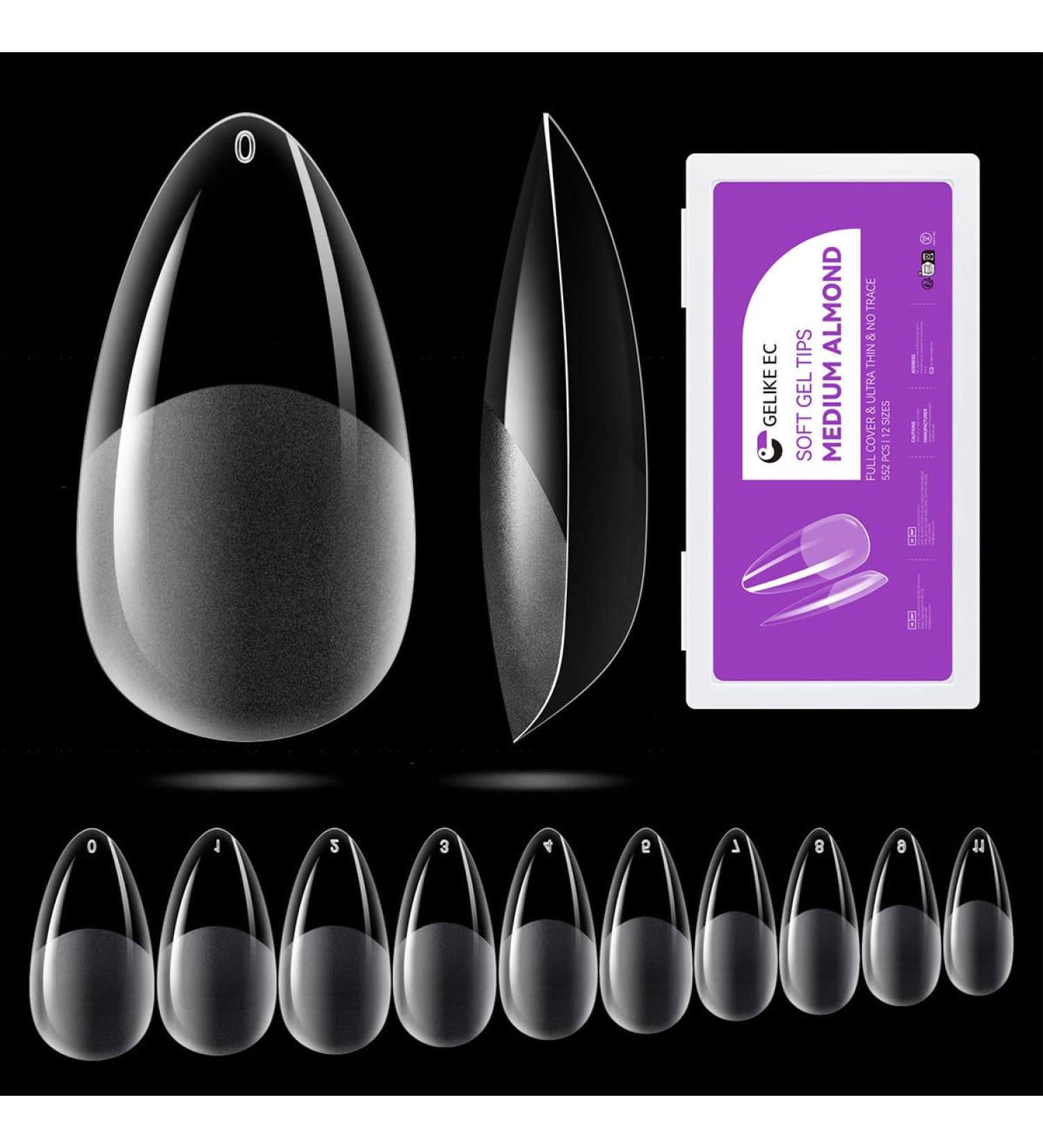 Gelike Ec Mandel Full Cover Nail Tips - Soft Gel Fake Nails 552 Clear Medium Almond Tips for DIY Nail Art - 12 Sizes Perfect for Salon & Home Use - Buy Online on GoSupps.com