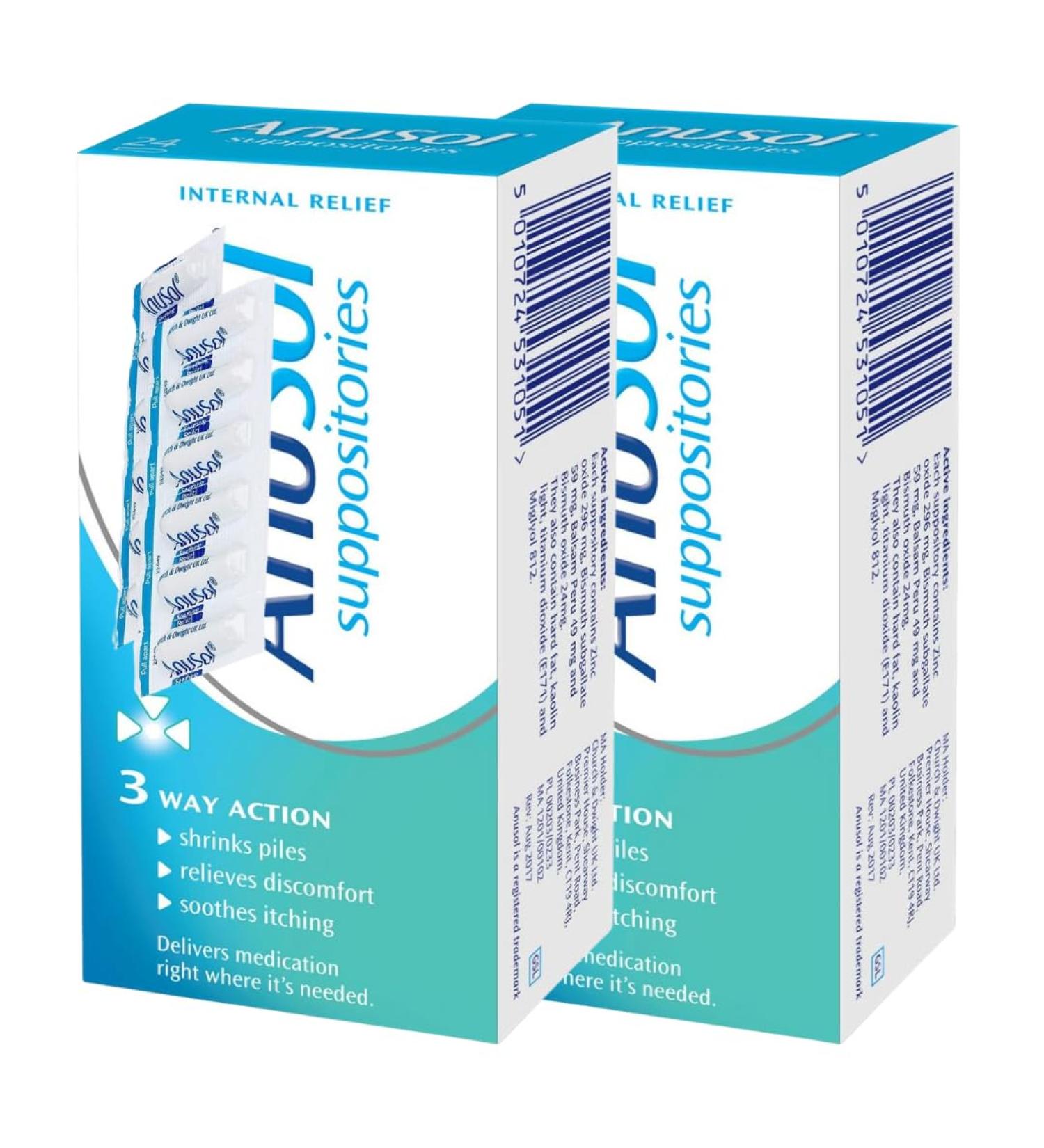 ANUS0L Haemorrhoids Piles Treatment | 24 Suppositories | 2 Pack 48 Total