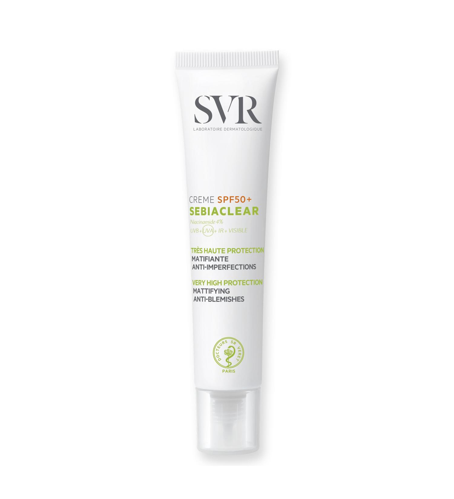 SVR SEBIACLEAR Factor 50+ Sun Cream - Mattifying Anti-Blemish Face Sunscreen for Acne-Prone Oily + Combination Skin with 4% Niacinamide 40ml - Buy Online on GoSupps.com