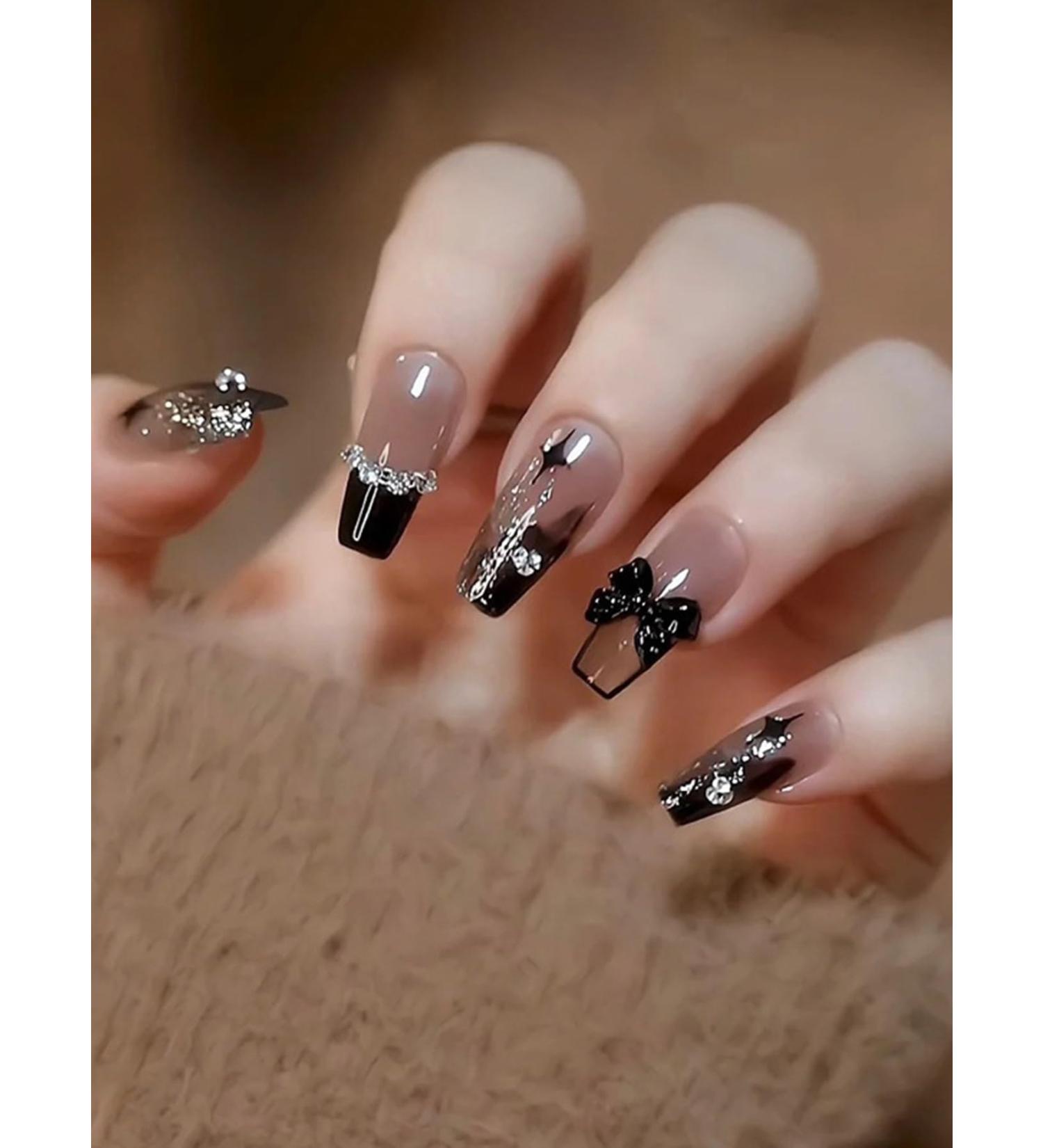 24pcs Black French Rhinestone Bow Coffin Fake Nail Bow 3D Press on Nails Black Bow Nails Luxurious Nails Acrylic Nails Fake Nails For Women Girls - Buy Online on GoSupps.com