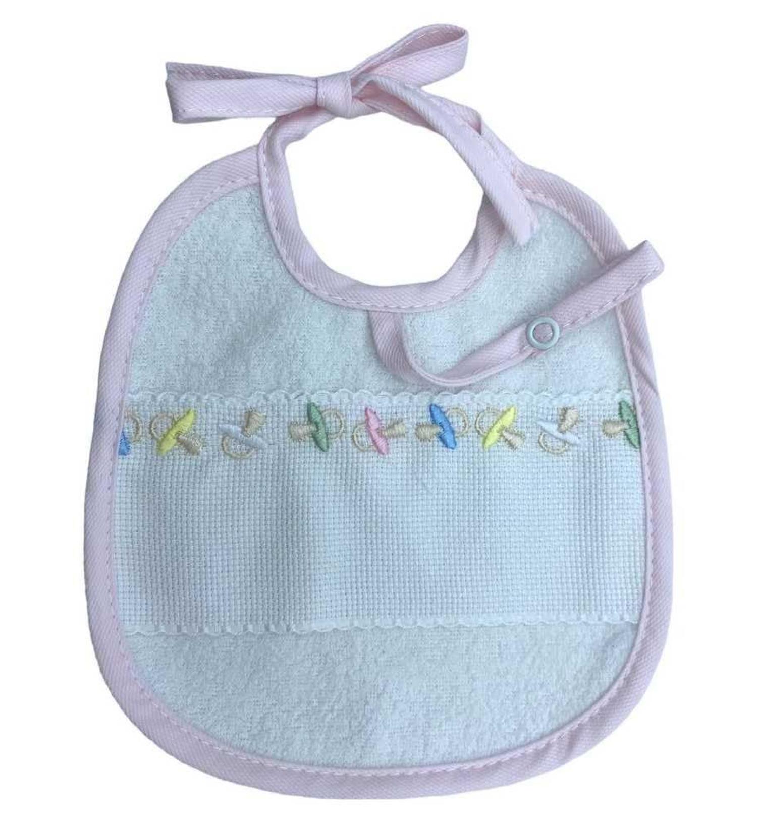 TOMASELLI MERCERIA bib for pacifiers terry cloth organic cotton Aida edge embroidery height 7 cm pink