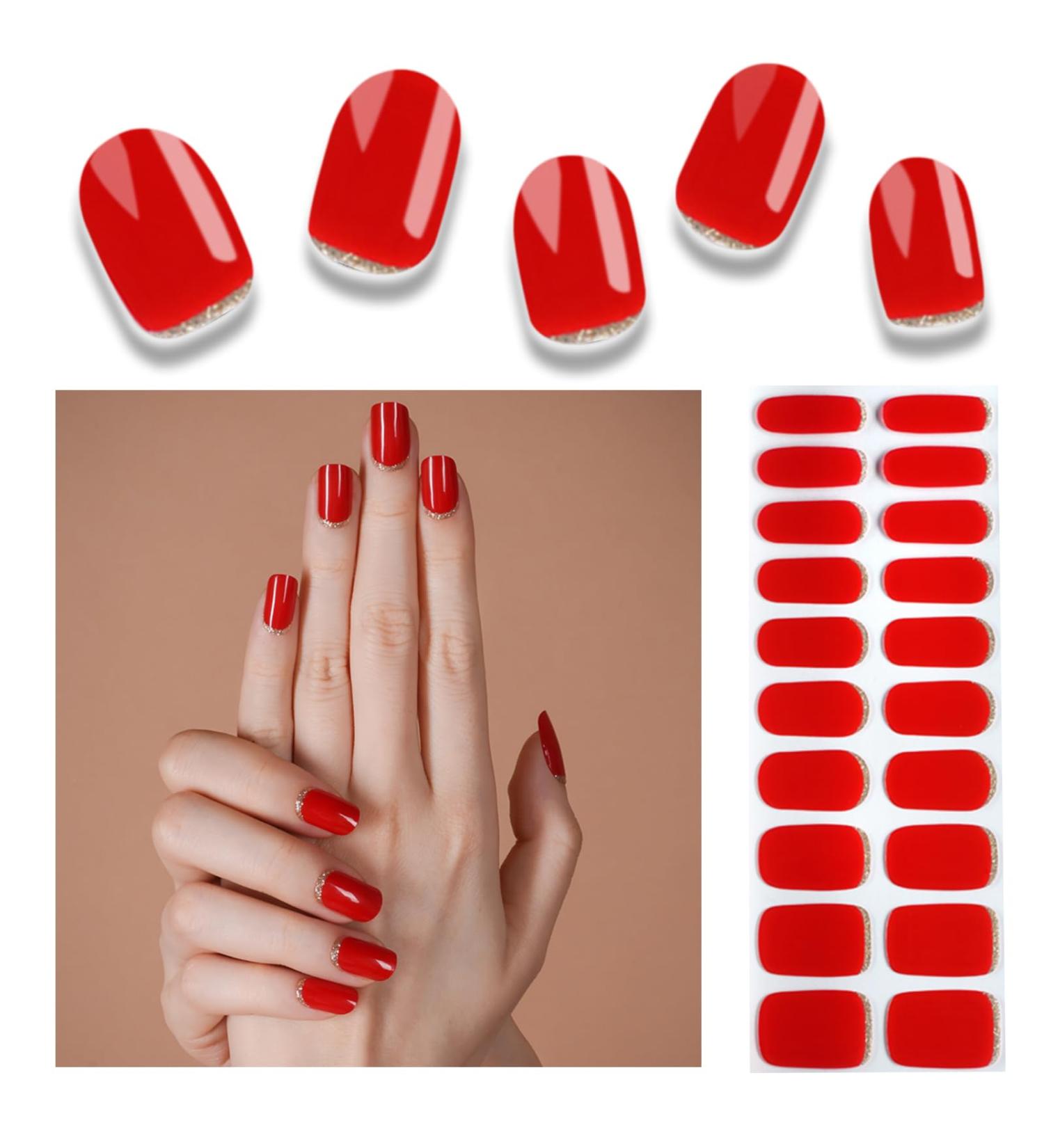 Foyute Semi Cured Gel Nail Strips 20 Pcs Soft Self-Adhesive Gel Nail Polish Wraps Sticker for Salon-Quality Manicure Set Long Lasting Easy to Apply & Remove Nail File & Wooden Stick (Red C) - Buy Online on GoSupps.com