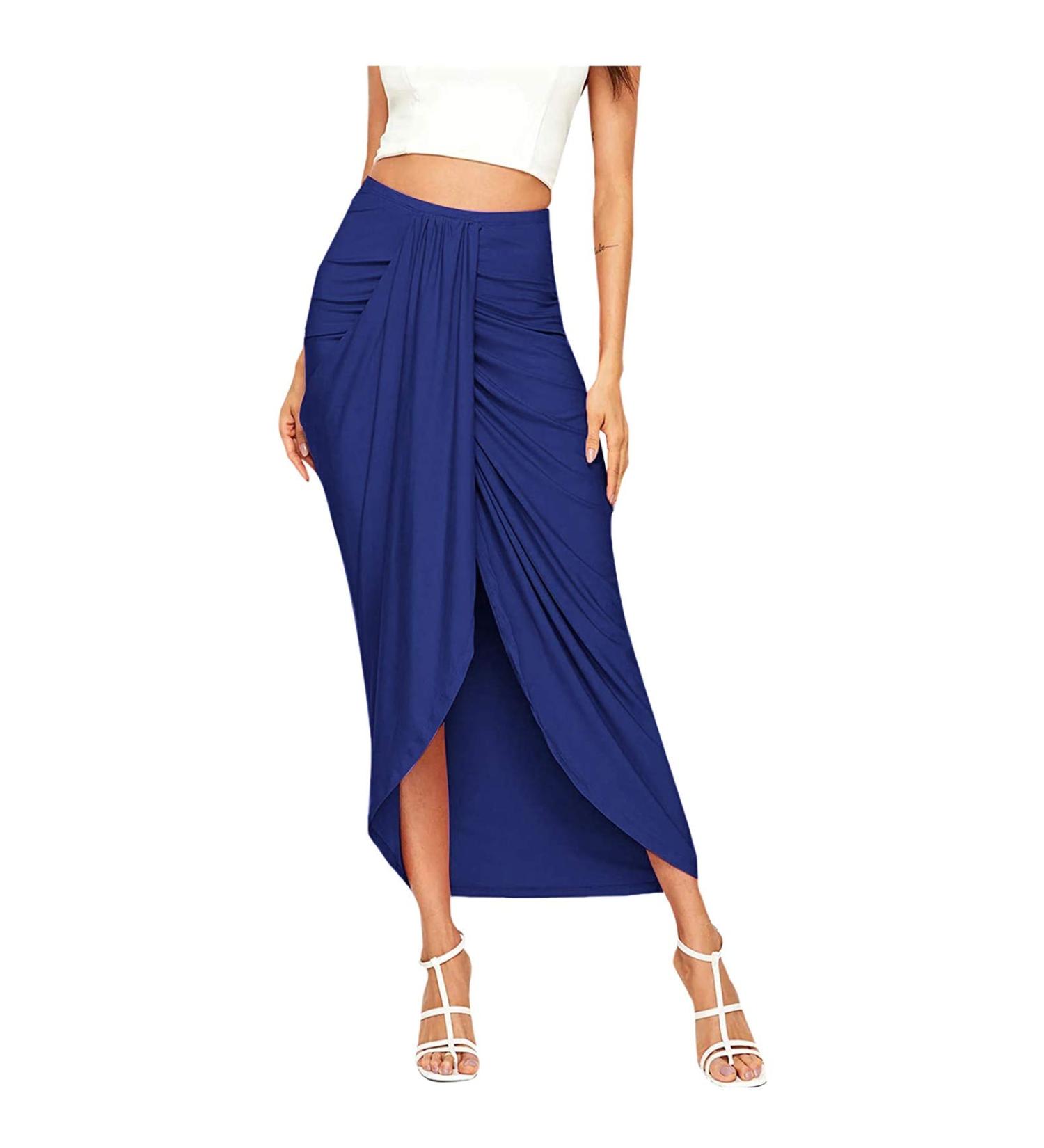 Sanahy Women's Boho Blue Elastic High Waist Maxi Wrap Skirt - Buy Online on GoSupps.com
