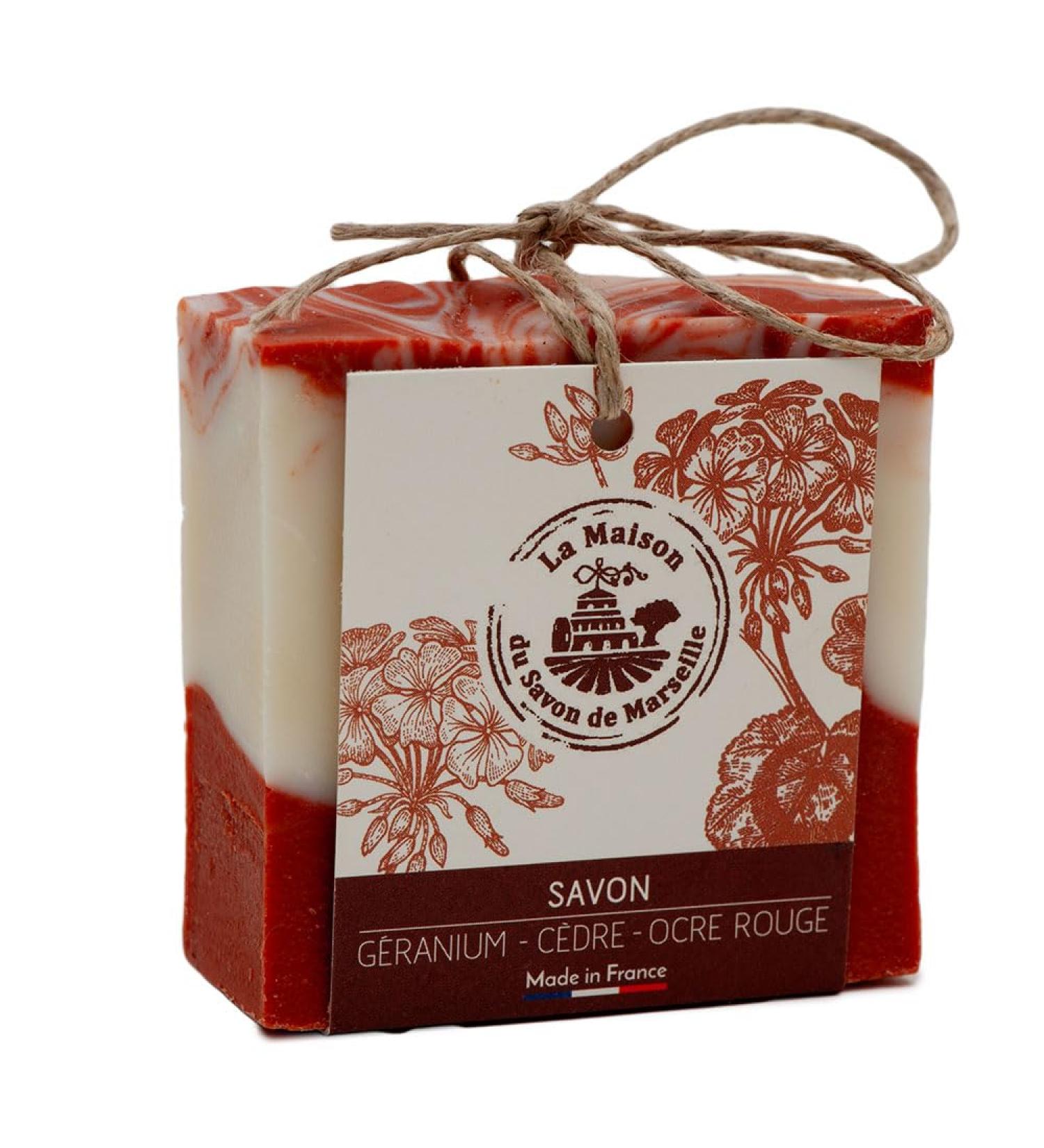 Maison du Savon de Marseille French facial and body soap cold processed produced with olive oil and enriched with geranium cedar and red ocher palm oil free 100 g - Buy Online on GoSupps.com