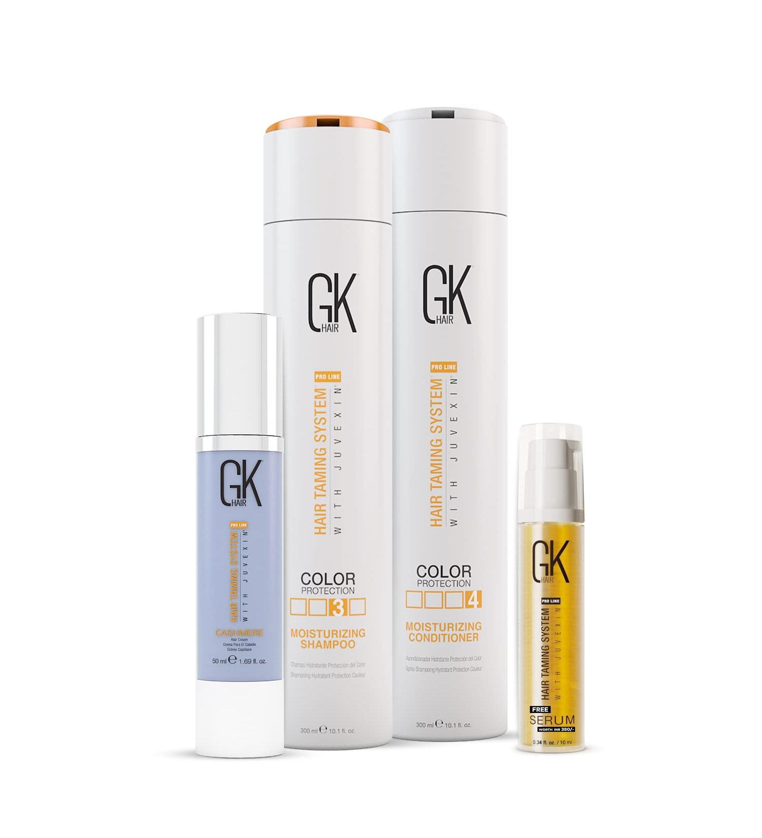 GK Hair Global Keratin Moisturizing Shampoo & Conditioner Set 300ml + Cashmere Serum 50ml + Free Argan Oil 10ml | Sulfate & Paraben Free for Dry Curly Thick Frizzy Damaged Hair - International Shipping Available - Buy Online on GoSupps.com