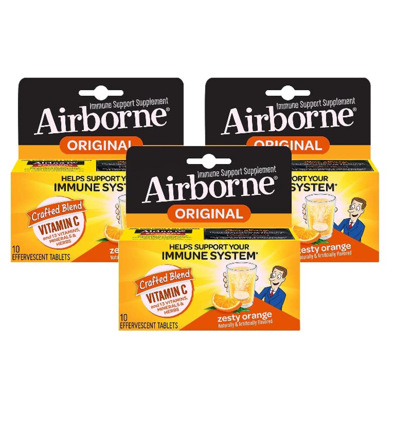 Airborne 1000mg Vitamin C with Zinc Effervescent Tablets Immune Support Supplement with Powerful Antioxidants Vitamins A C & E - 10 Fizzy Drink Tablets Zesty Orange Flavor (Zesty Orange (Pack of 3)) - Buy Online on GoSupps.com