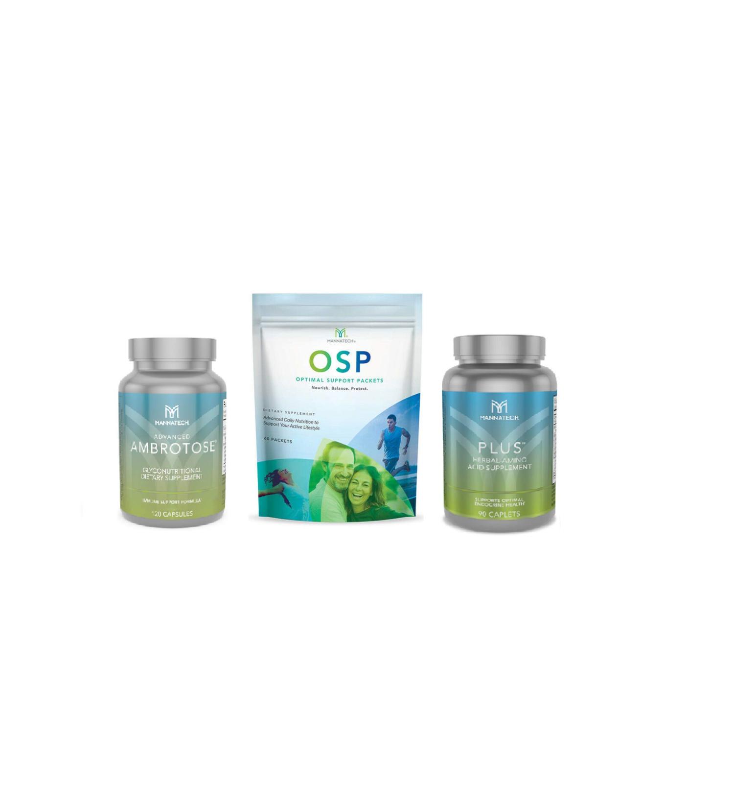 Mannatech Ambrotose 120cap Bottle and Optimal Support Packets OSP 60 Packets and Plus 90cap 3 Pack Combo - Buy Online on GoSupps.com