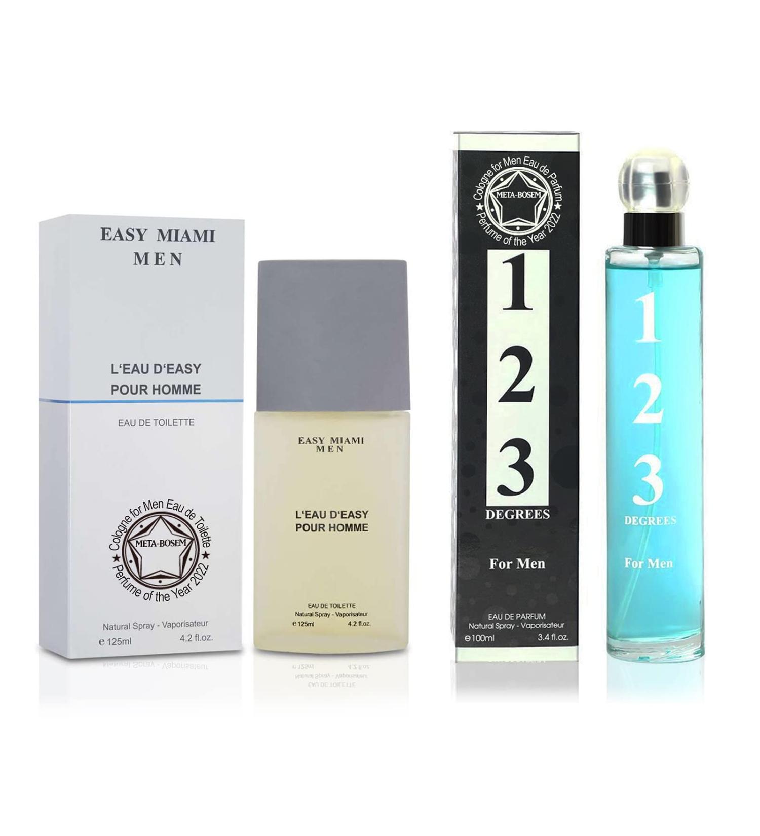 META-BOSEM Easy Miami+123 Degrees Men's Cologne Collection Eau de Toilette Natural Spray - Fresh Woody Scents - Holiday Gift Set (Pack of 2) Each 3.4 Fl Oz Total 6.8 Fl Oz - Buy Online on GoSupps.com