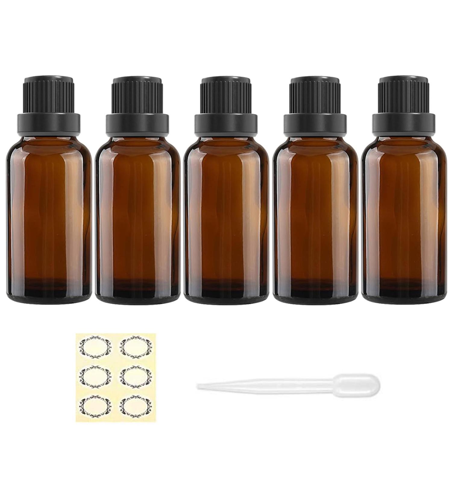 Alledomain 5Pcs 30ml Amber Glass Essential Oils Bottles with Black Cap/Dropper/Label Empty Bottle Refillable Sample Container for Massage oil/Aromatherapy/Perfume/Fragrance Oil 5pcs * 30ml - Buy Online on GoSupps.com