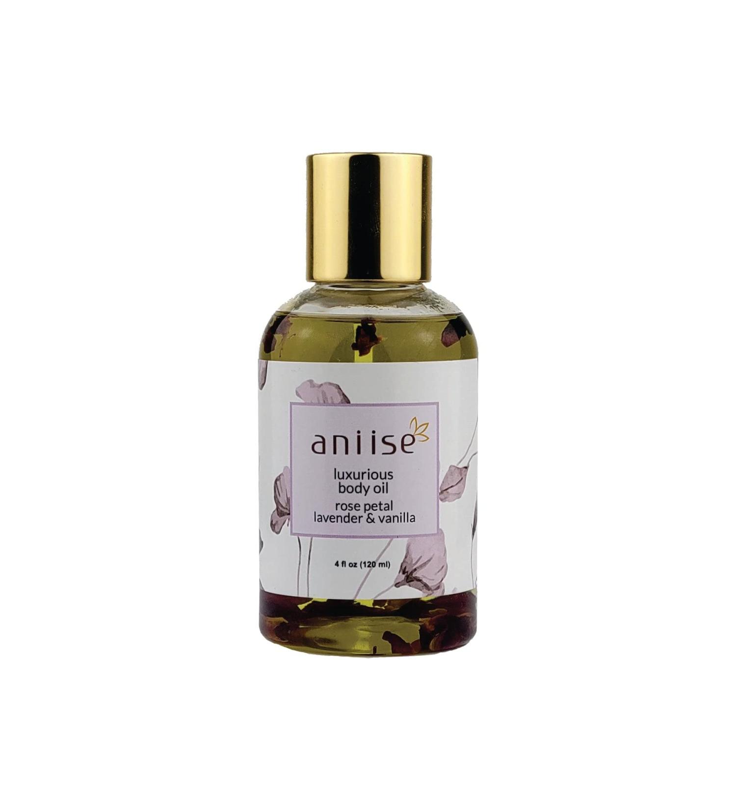 Aniise Luxurious Body Oil with Rose Water Lavender & Vanilla - Natural Oils Non-Greasy Fast Absorbing Vegan - Lightweight Luxurious Body Oil - Suitable for All Skin Types - 4 Fl oz (120 ml)