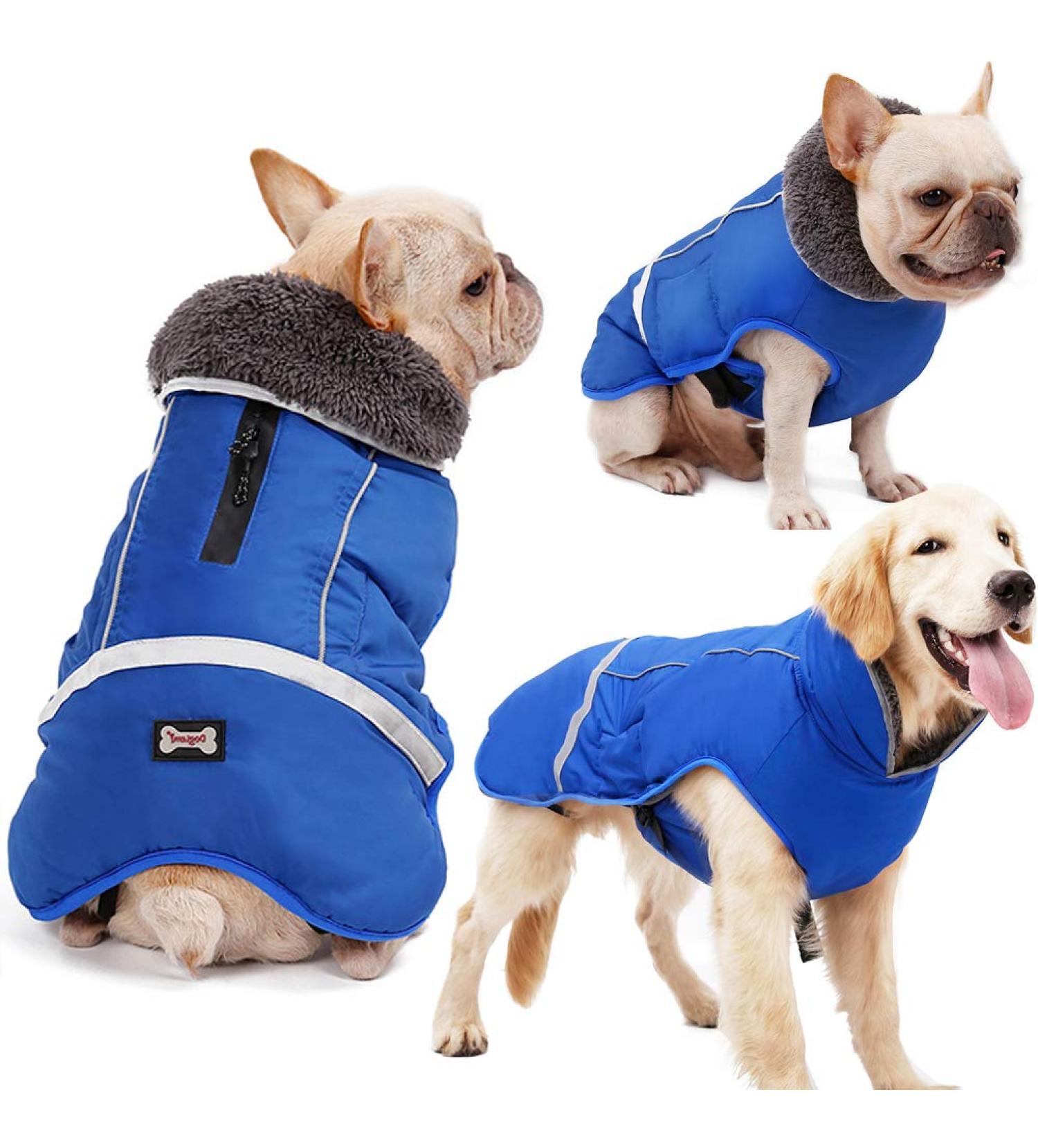 Reflective Waterproof Dog Winter Jacket with Thicken Fleece Lining - Blue - Medium - Buy Online on GoSupps.com