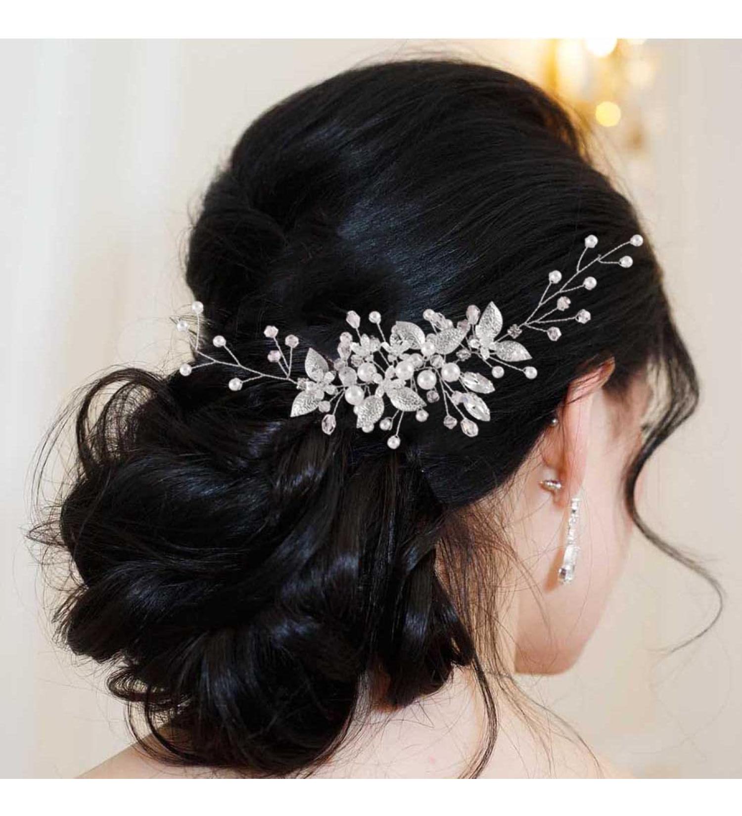 Handcess Leaves Bride Wedding Headband Silver Pearls Crystal Headpieces Rhinestone Bridal Hair Accessories for Bride and Bridesmaids - Buy Online on GoSupps.com