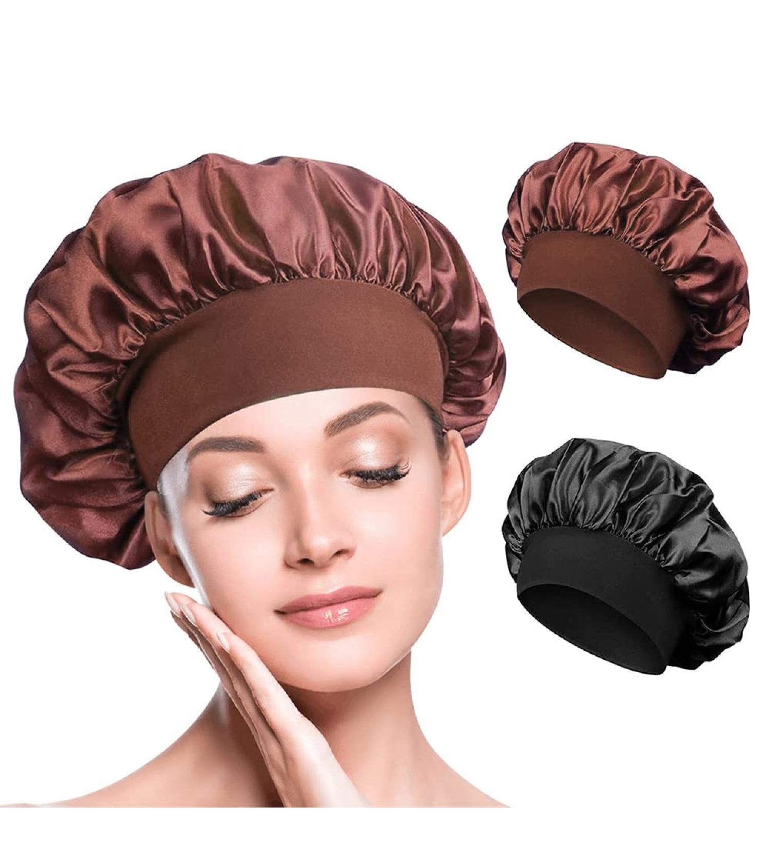 leiwo Silk Bonnet Satin Bonnet 2PCS Hair Bonnet for Sleeping Soft Elastic Band Breathable Hair Wrap Sleep Cap Black + Brown - Buy Online on GoSupps.com