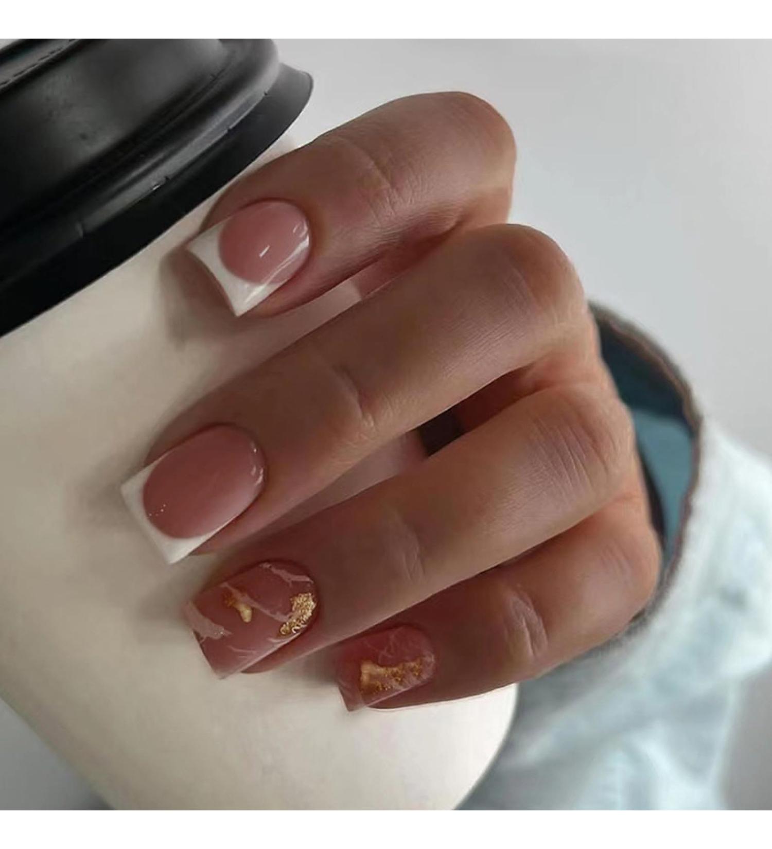 24pc Simple Sequins False Nails White Marbling Gold Foil Manicure Short Ballet Press On Nail Tips Full Cover Acrylic Nails Patch W606