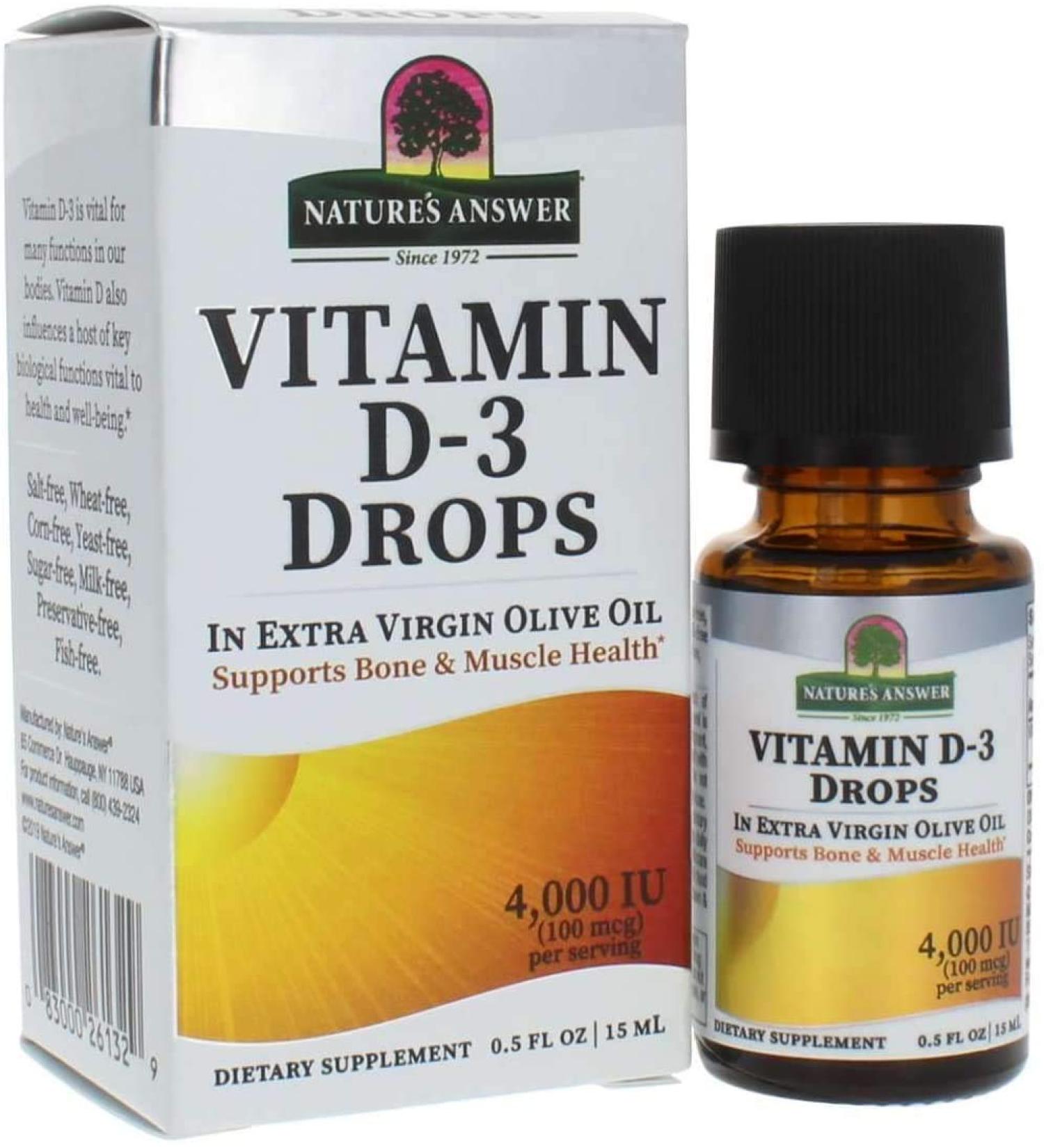Nature's Answer Vitamin D-3 Drops | Extra Virgin Olive Oil Blend | Fast Absorption | No Fillers, Soy, Yeast, Sugar, Milk, or Preservatives | 0.5 Fl Oz - Buy Online on GoSupps.com
