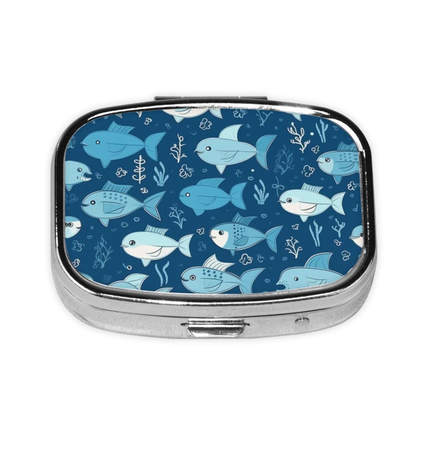 Cute Blue Fish Printing Pill Case | 2 Compartment Travel Pill Organizer | Small Pill Box for Purse & Travel Gifts - Buy Online on GoSupps.com