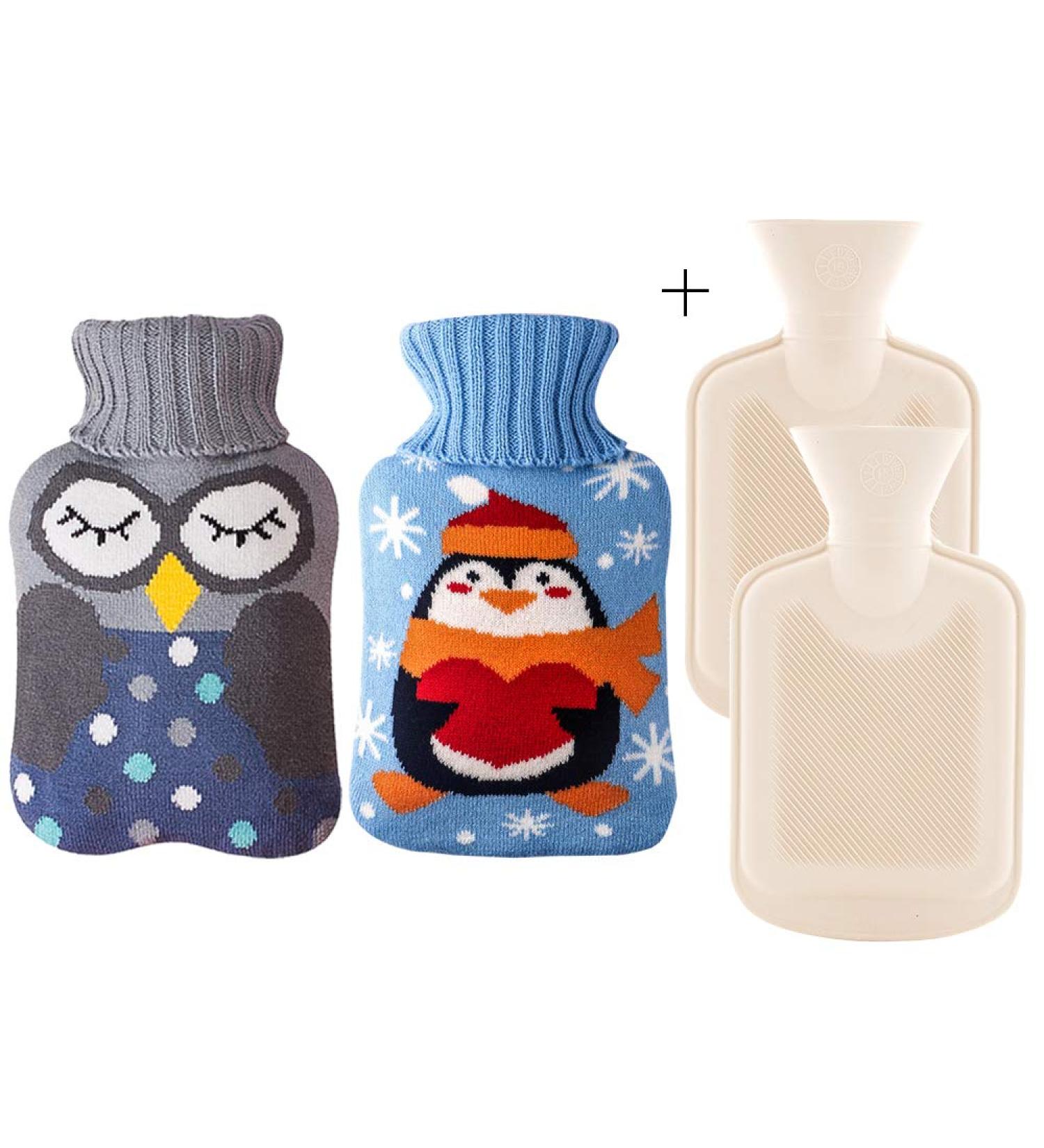 2 Pack Cartoon Penguin and Owl Hot Water Bottles with Cover - Pain Relief, Menstrual Cramps, Hot & Cold Therapy - 1L x 2 Grey & Blue - Buy Online on GoSupps.com