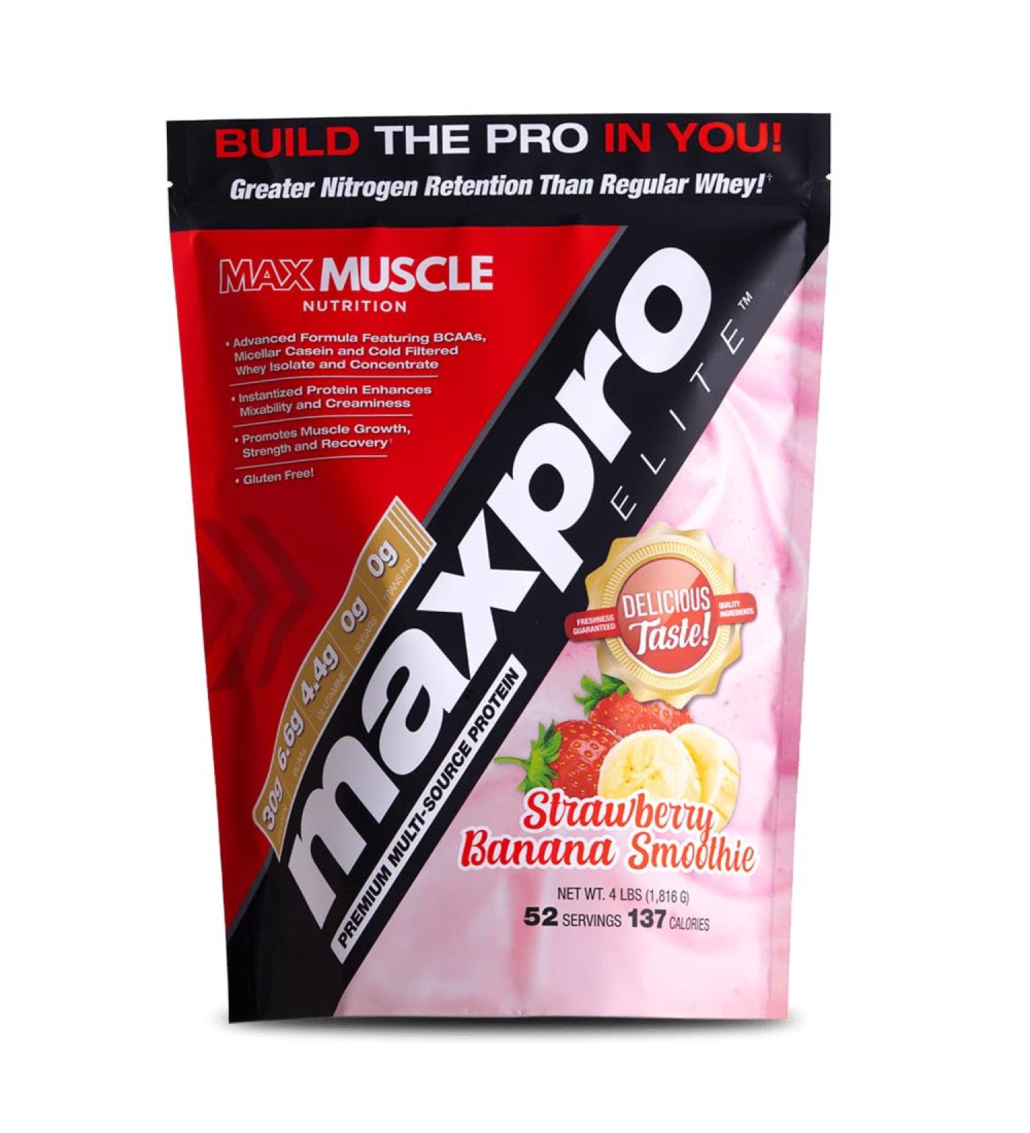 Max Muscle Maxpro Elite Whey Protein Powder | 30g Protein | 0g Sugar | 6.6g BCAAs | Micellar Casein Cold Filtered Whey Isolate Protein | Promotes Muscle Growth & Recovery (Strawberry Banana, 4lb) Strawberry Banana 4 Pound (  - Buy Online on GoSupps.com