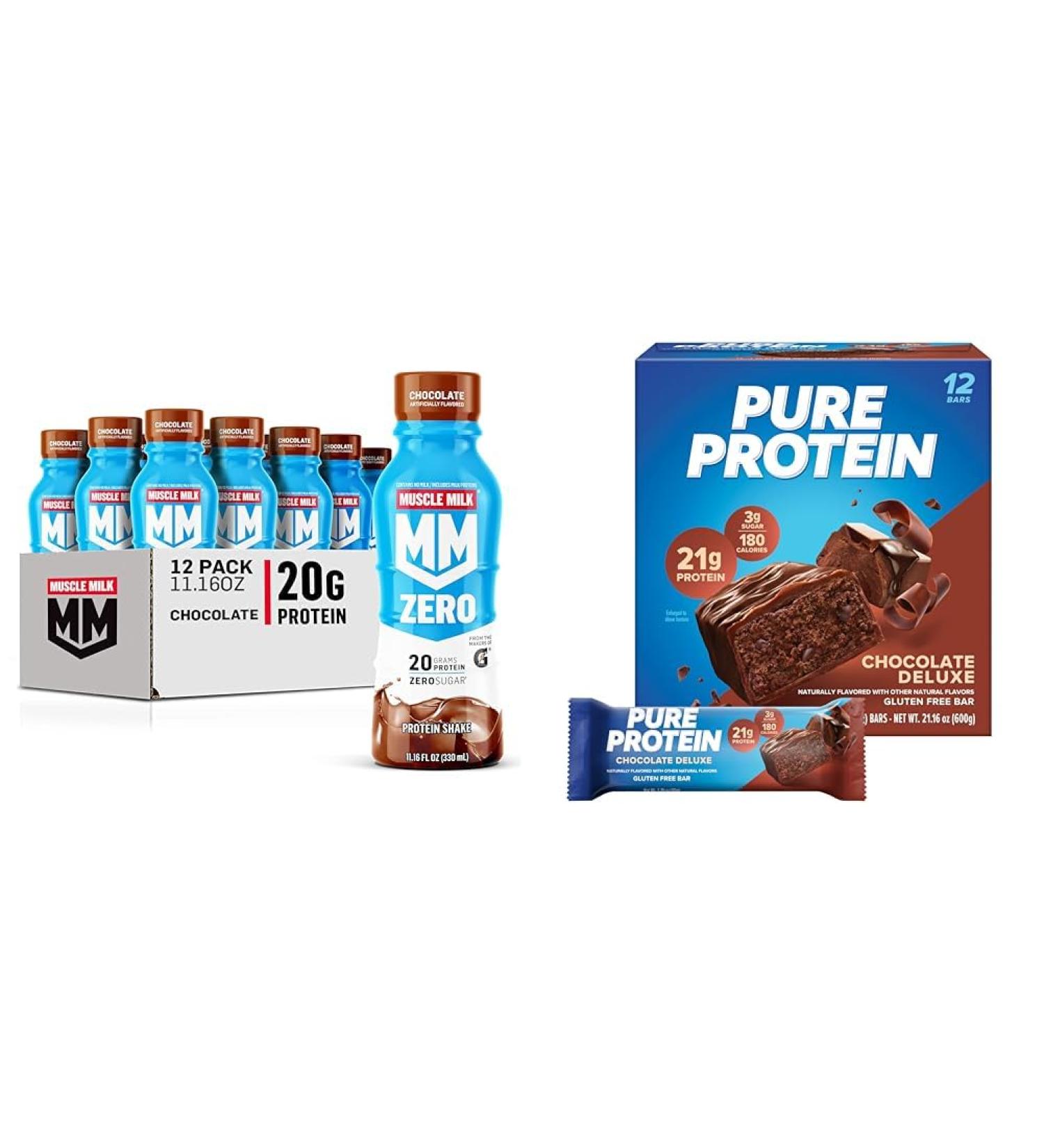 Muscle Milk Zero Protein Shake Chocolate 20g Protein 12 Pack + Pure Protein Bars Chocolate Deluxe High Protein 12 Count - Buy Online on GoSupps.com