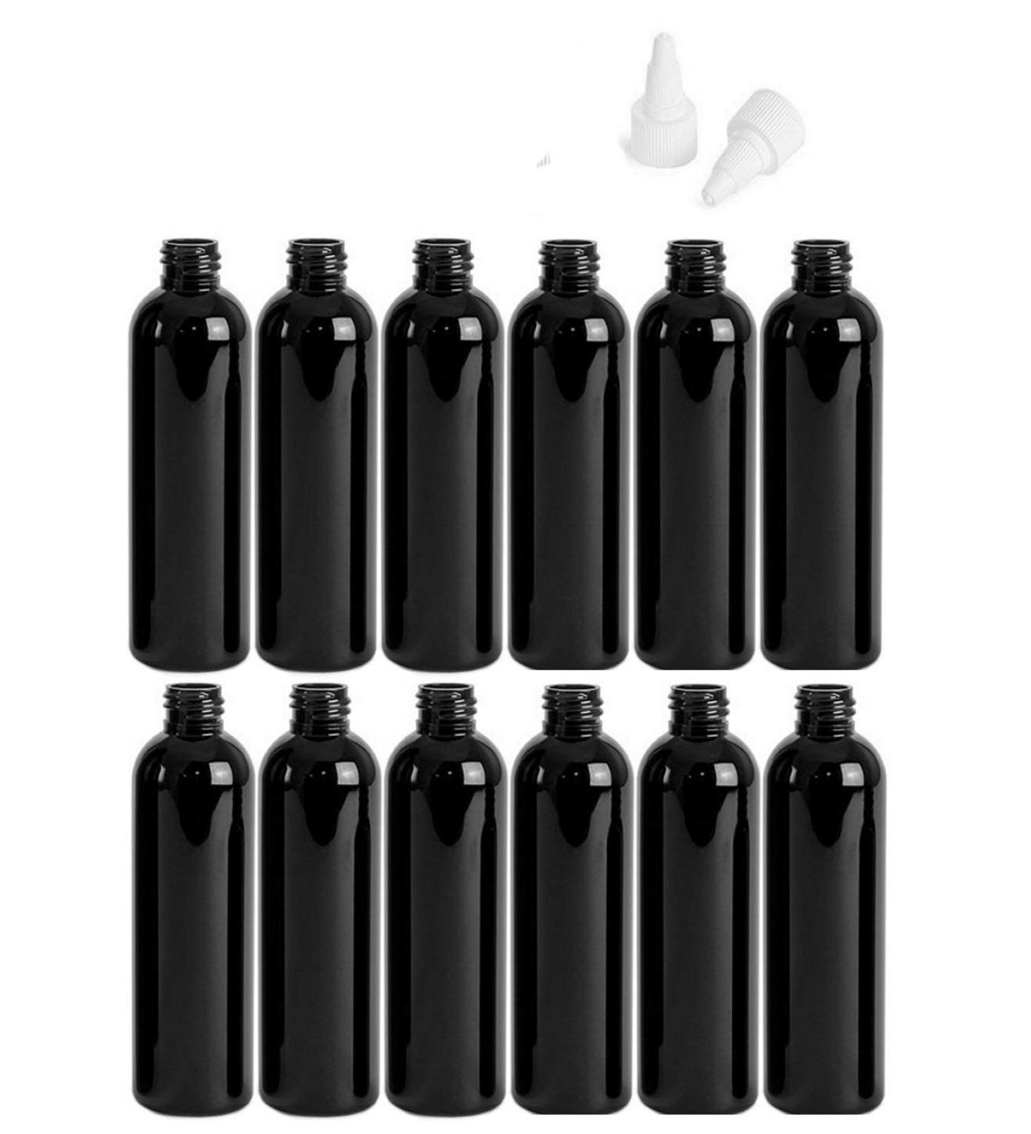 4 oz Cosmo Round Bottles - PET Plastic BPA-Free Refillable Pack of 12 with White Twist Caps - Black - Buy Online on GoSupps.com