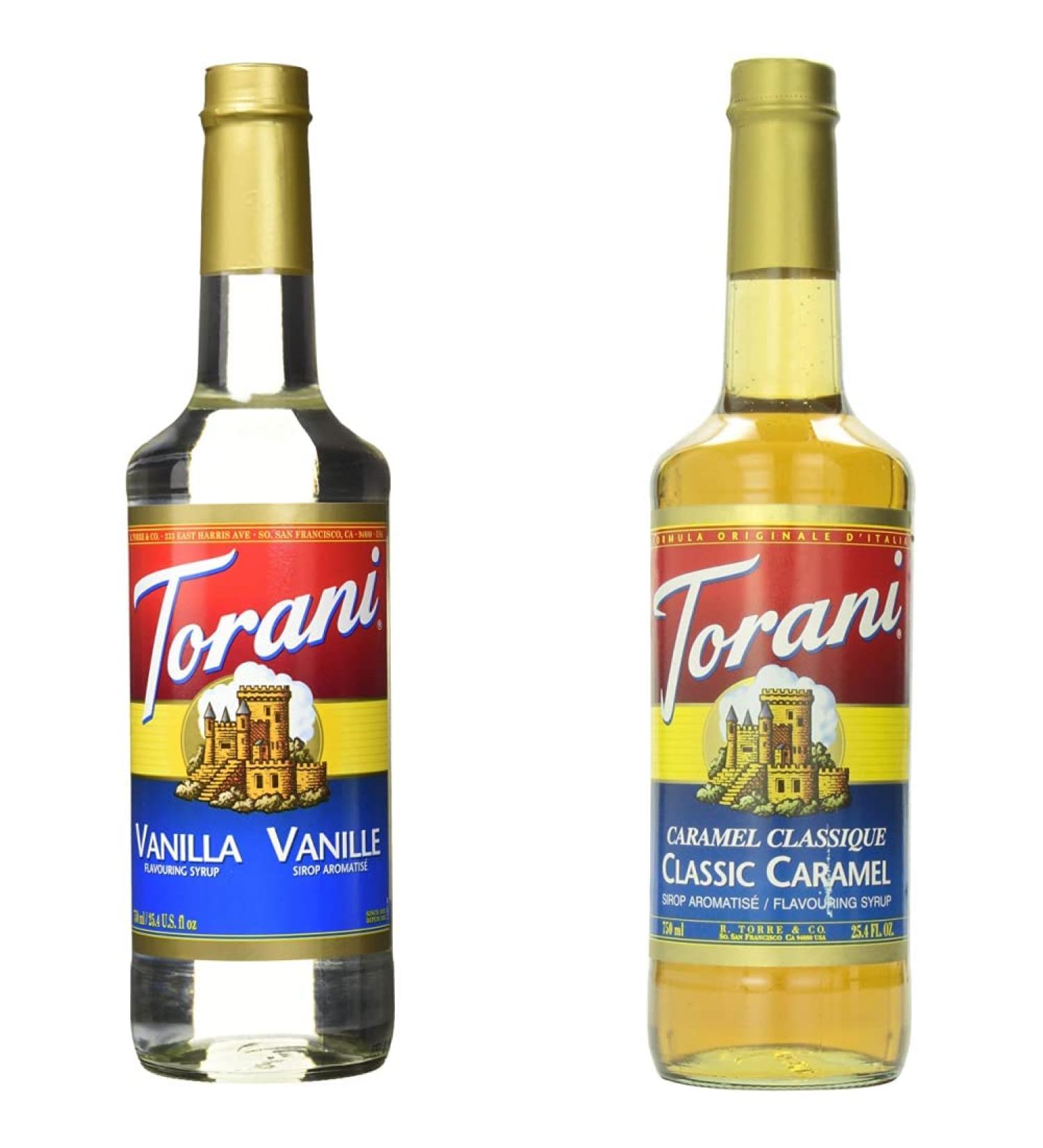 Torani Vanilla Coffee Syrups 0.75 L & Classic Caramel Syrup 750 milliliters 750 ml (Pack of 1) Vanilla Coffee Syrups + Syrup 750 milliliters - Buy Online on GoSupps.com