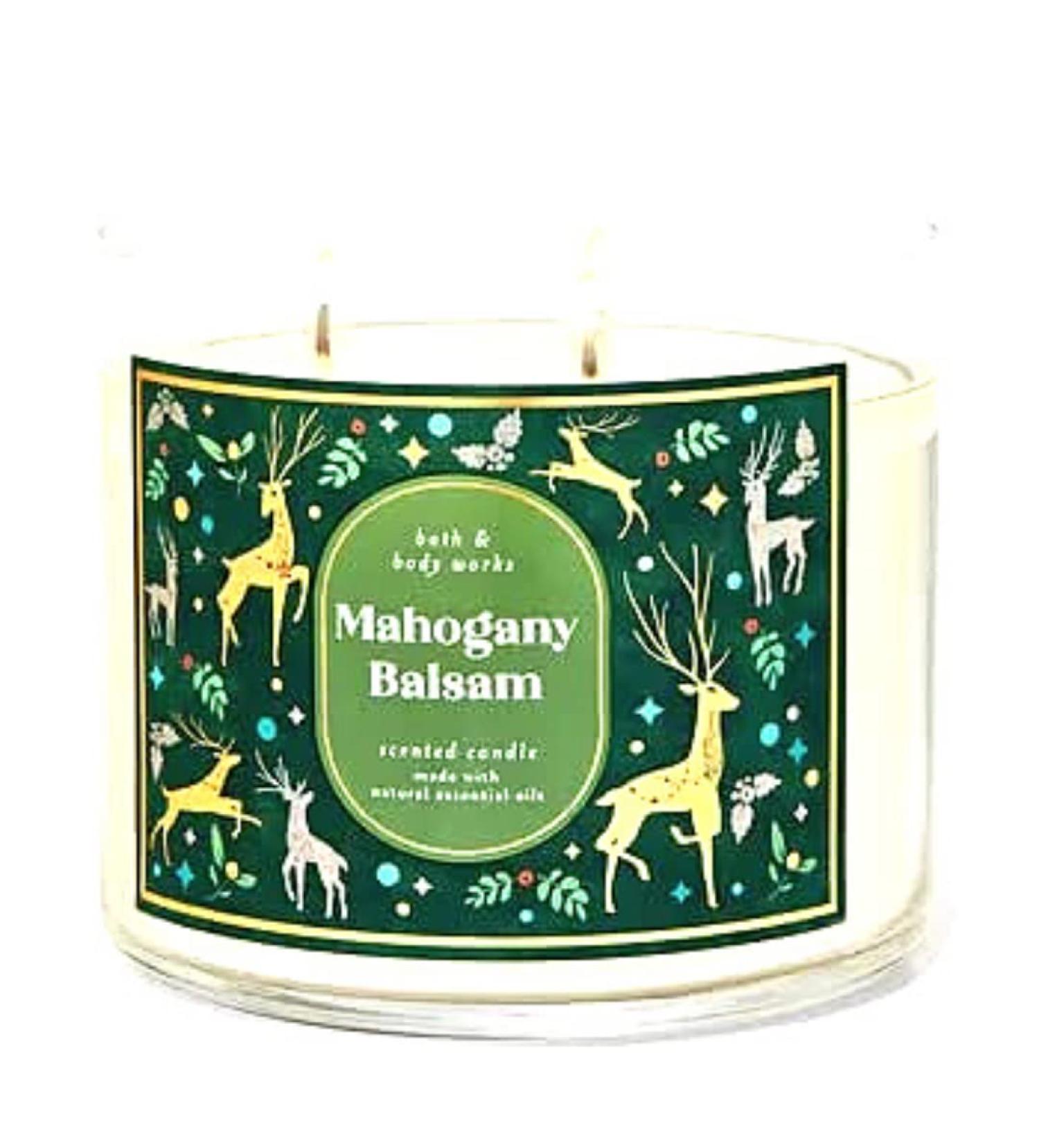 Bath & Body Works White Barn 3-Wick Candle w/Essential Oils - 14.5 oz - 2021 Christmas Scents! (Mahogany Balsam)