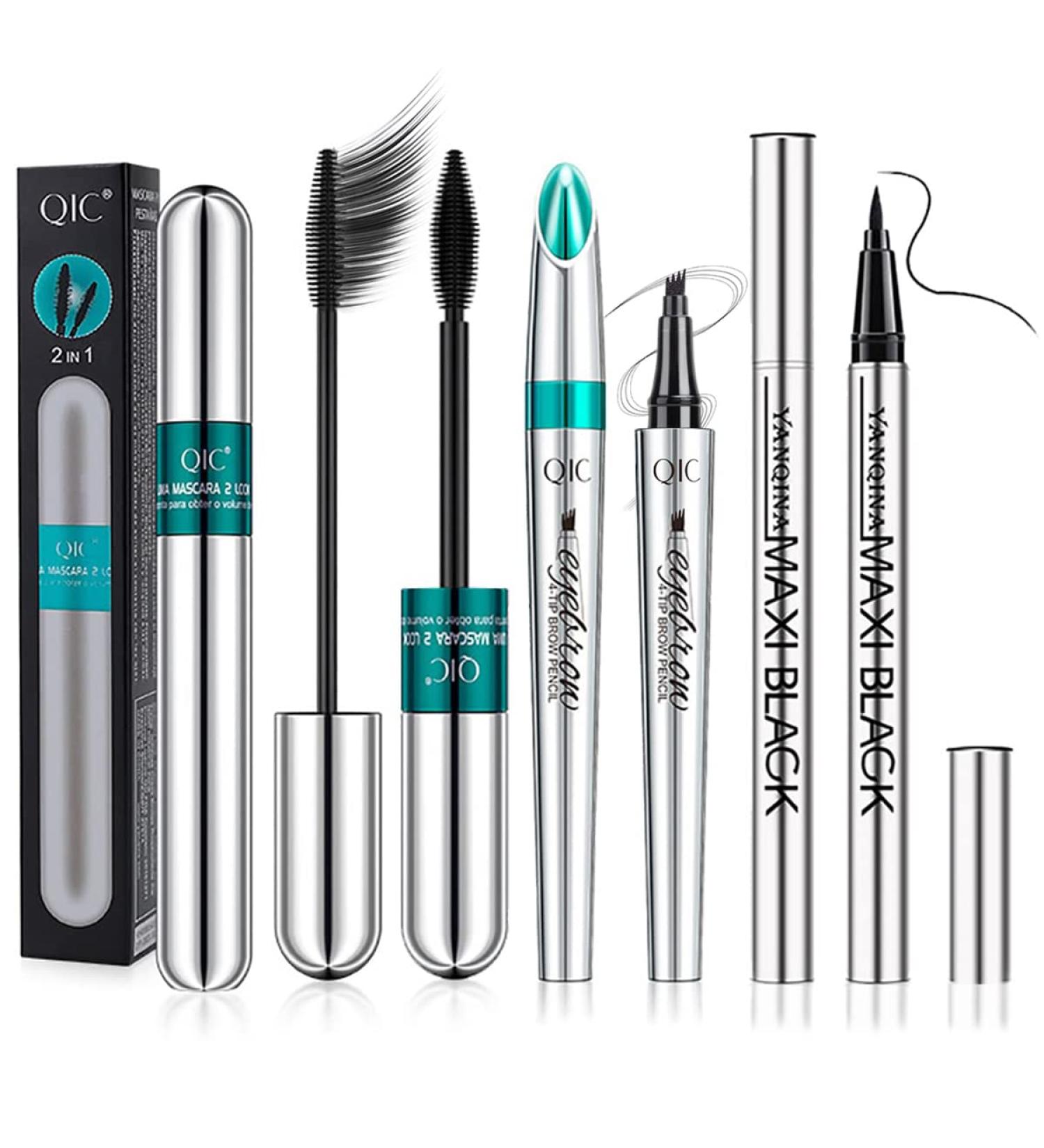 Vibely 2-in-1 Mascara Set - 5x Longer Voluminous Eyelashes, Waterproof & No Clumping - Includes 4D Silk Fiber Mascara, Eyeliner, Eyebrow Pencil - Long Lasting Salon Kit (Silver) - Buy Online on GoSupps.com