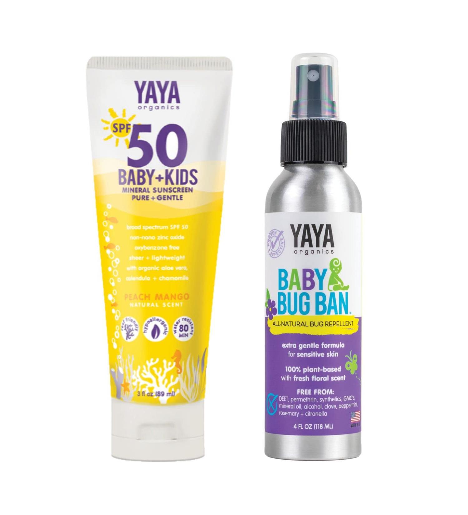 Sun + Bug Protection Bundle for Baby + Kids by YAYA Organics | Reef-friendly SPF 50 Mineral Sunscreen and Deet-free Baby Bug Ban Natural Bug Repellent Spray | Pure and Gentle for Sensitive Skin | 3 oz / 4 oz