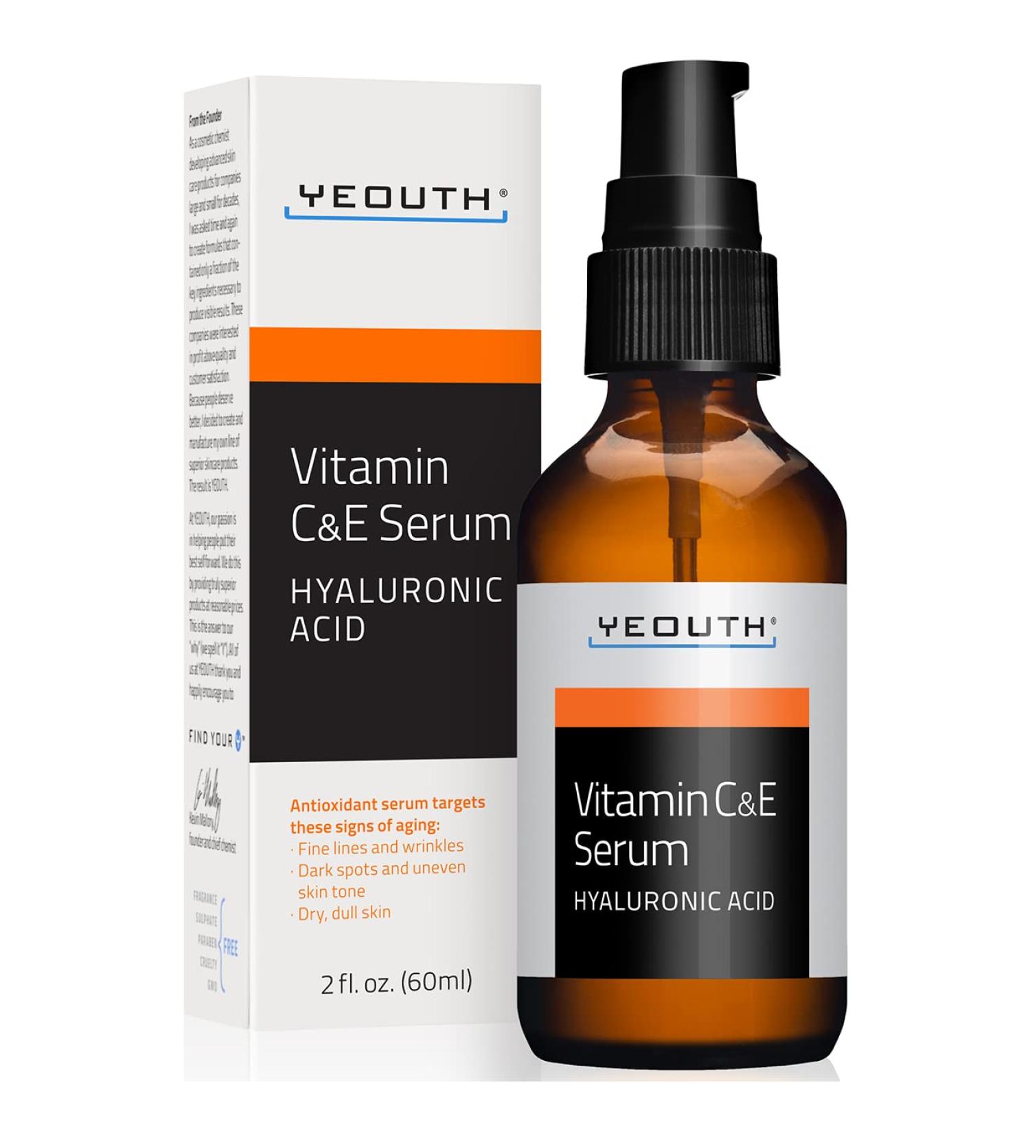 YEOUTH Vitamin C Serum with Hyaluronic Acid & Vitamin E - Brightening & Hydrating Face Serum for Dark Spots (2oz) - Buy Online on GoSupps.com
